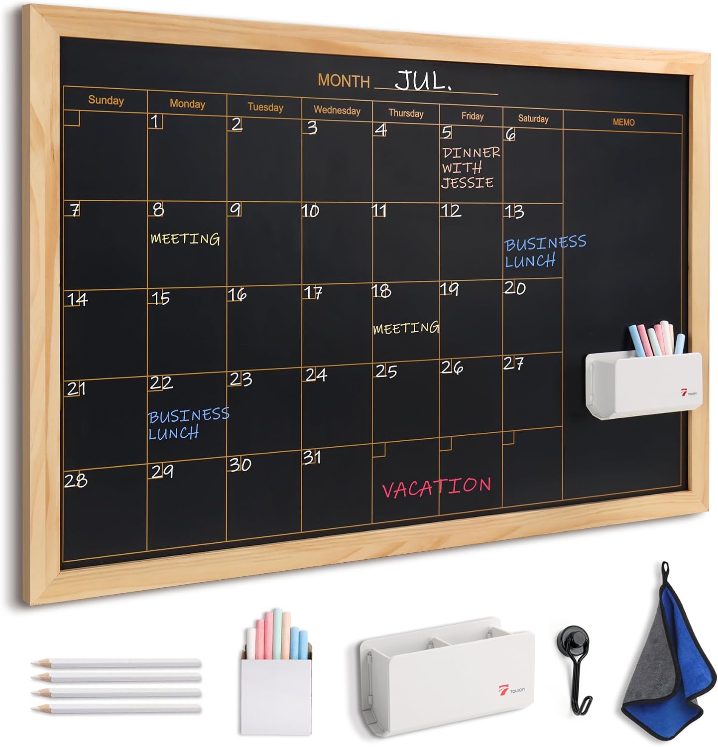 TOWON Magnetic Chalkboard Calendar 36×24 in, Wooden Frame, Monthly | Wall planner and organizer with 4 chalk pencils, color chalk set, hook magnet, wipe and detachable pen holder