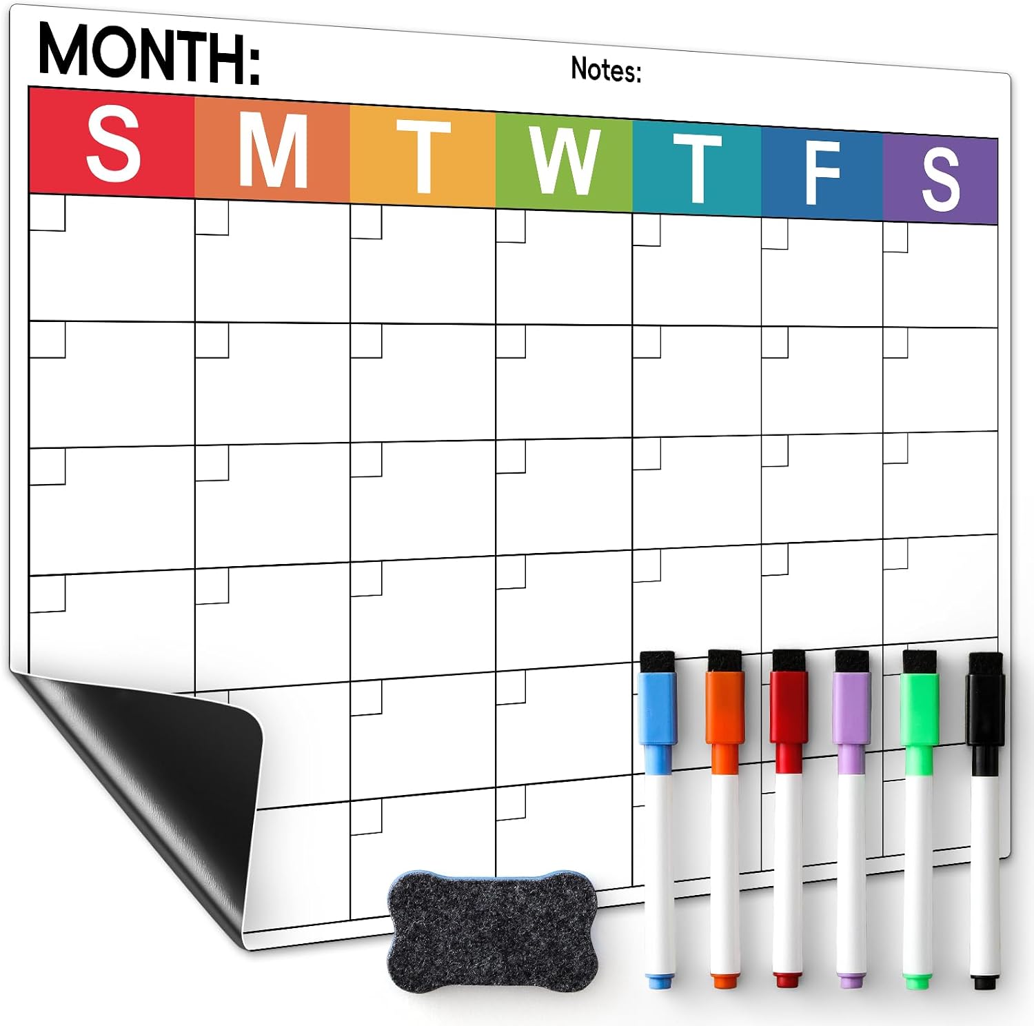 Dry Erase Magnetic Calendar for Refrigerator – Monthly Planner Magnet Whiteboard for Fridge Wall Door – Shopping, Meal/Menu, to Do List, Family Schedule Planning Board with 6 Markers – Colorful