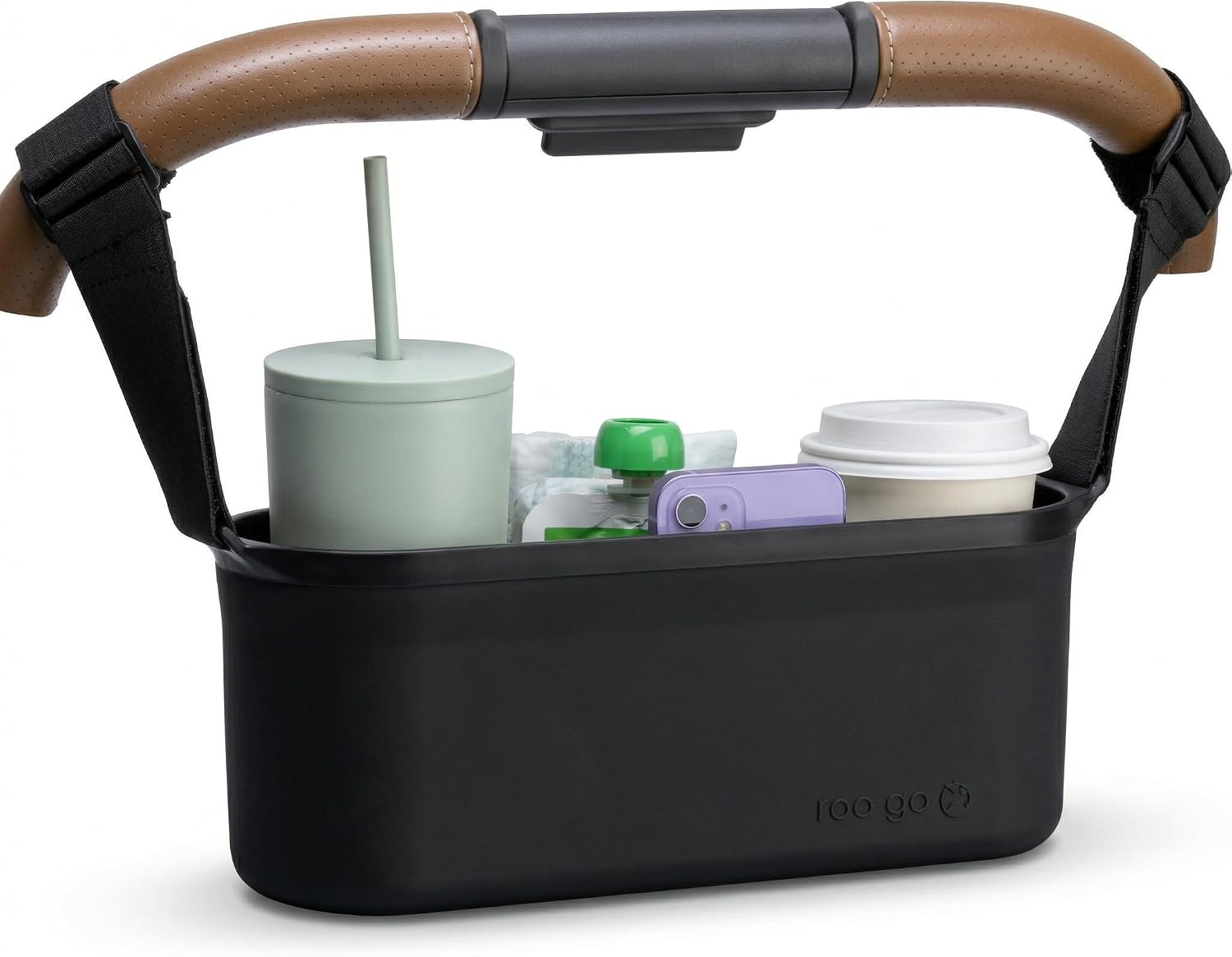 Silicone Stroller Organizer with Cup Holders, Waterproof & Easy-Clean, BPA-Free Caddy with Phone Pocket & Storage, Universal Anti-Slip Straps Fit UPPAbaby, Nuna, Doona & Most Strollers, roo go
