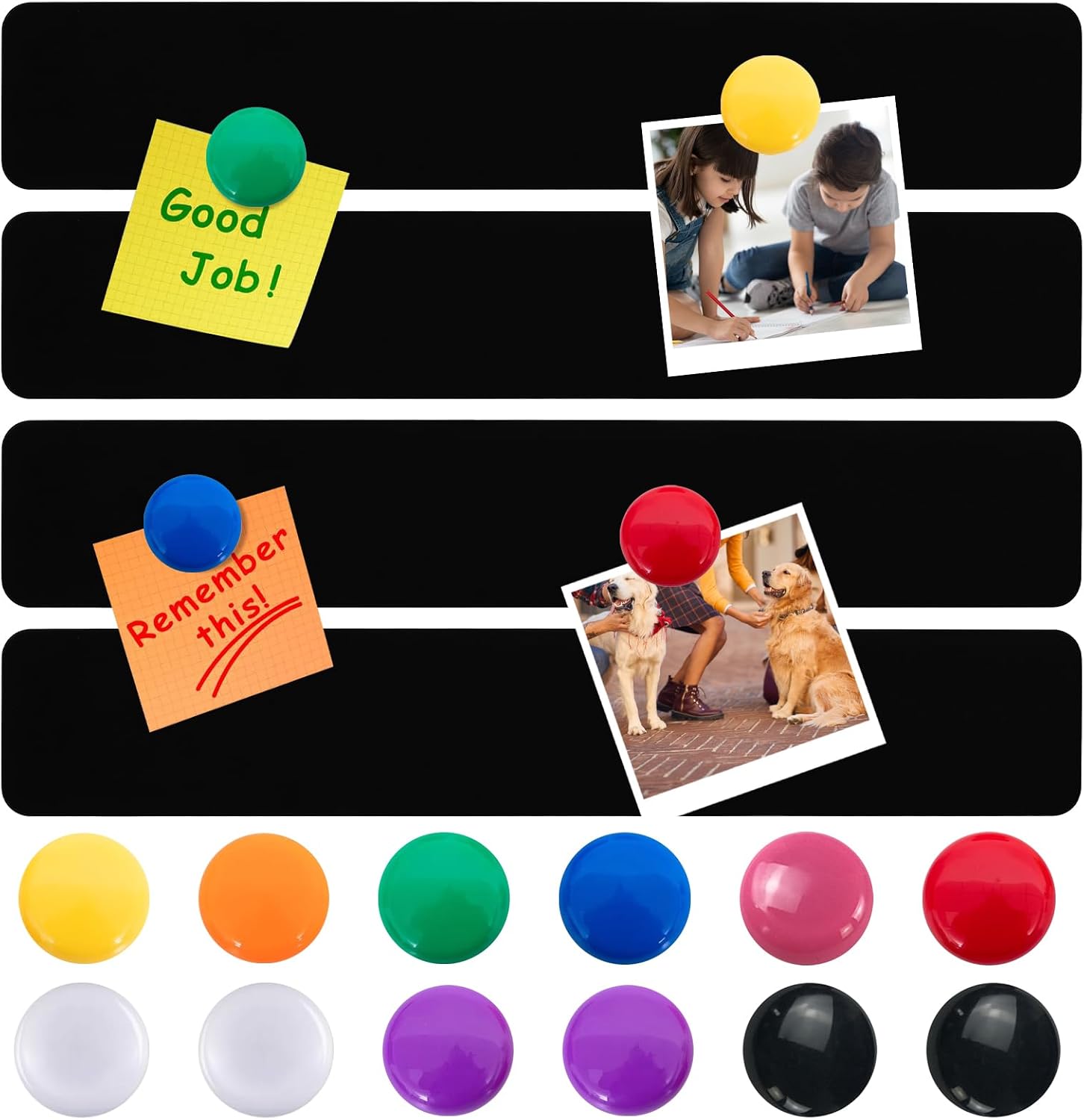 Metal Magnetic Strips with Adhesive Backing Memo Strip Black Magnet Bulletin Board with 12 Colorful Magnet for Wall Kitchen Office (4 Pcs, 2 x 12 Inch)