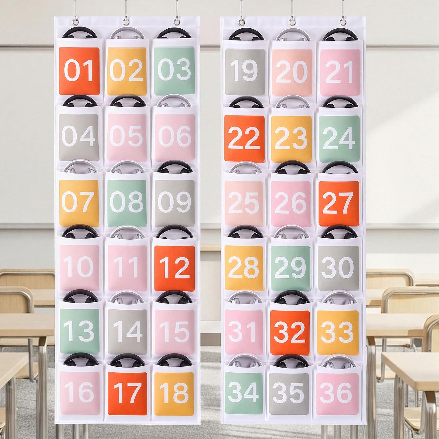 2 Pcs Classroom Headphone Storage Organizer with 36 Pockets Boho Over The Door Hanging Classroom Headphone Holder Pocket with 6 Hooks Cell Phone Holder Earphone for School Library(White)