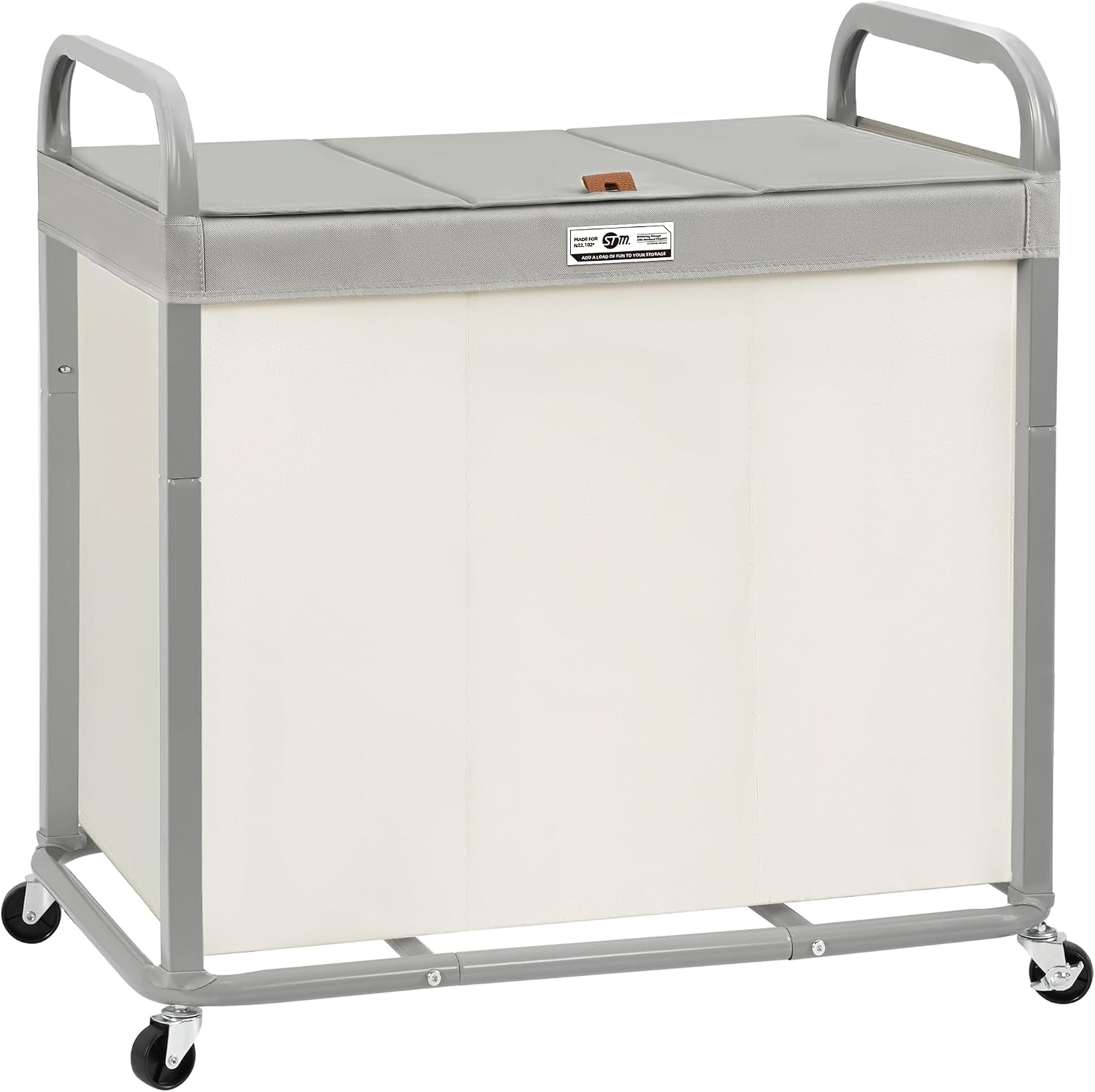 STORAGE MANIAC 3 Section Laundry Sorter, 60 Gal. Laundry Hamper Cart with Heavy Duty Rolling Lockable Wheels and Removable Bags, Clothes Organizer Basket Clothes Separator Hamper, Beige with Lid