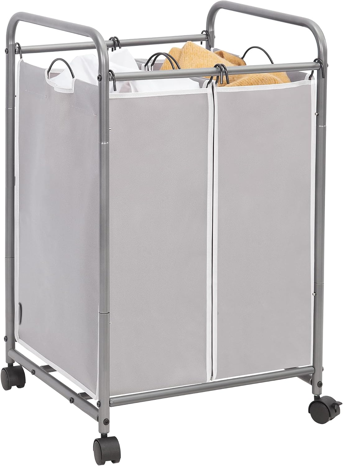 STORAGE MANIAC Laundry Sorter 2 Section, 90 L Gal Laundry Hamper with Wheels, Clothes Basket Separator Sorter, 2 Bag Rolling Cart and Removable Bags for Closet, Dorm, Collage, Grey