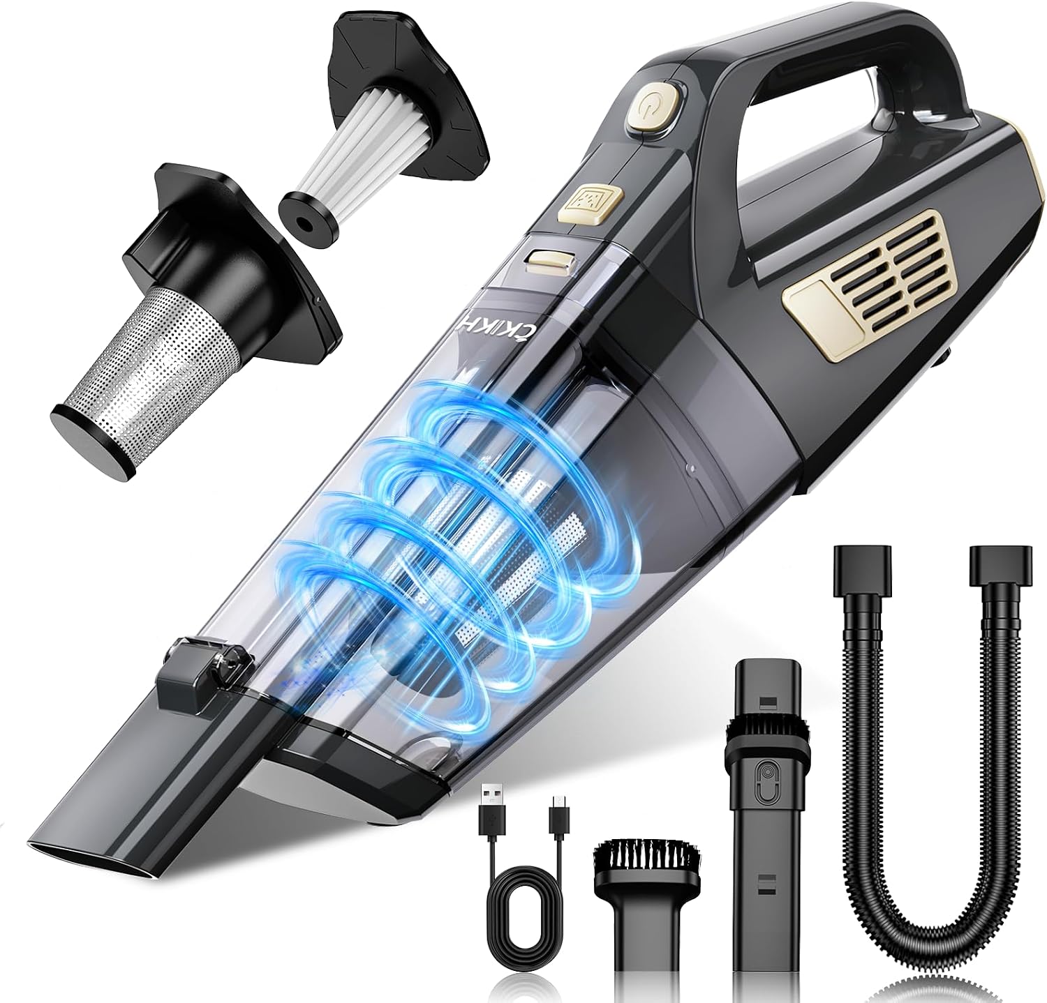 CKIKH Handheld Vacuum Cordless, 15000PA Hand Held Car Vacuum Cleaner | Strong Suction, Portable, Multi-Nozzles & Washable Filter, Lightweight Rechargeable, For Home, Car, Office, Pets