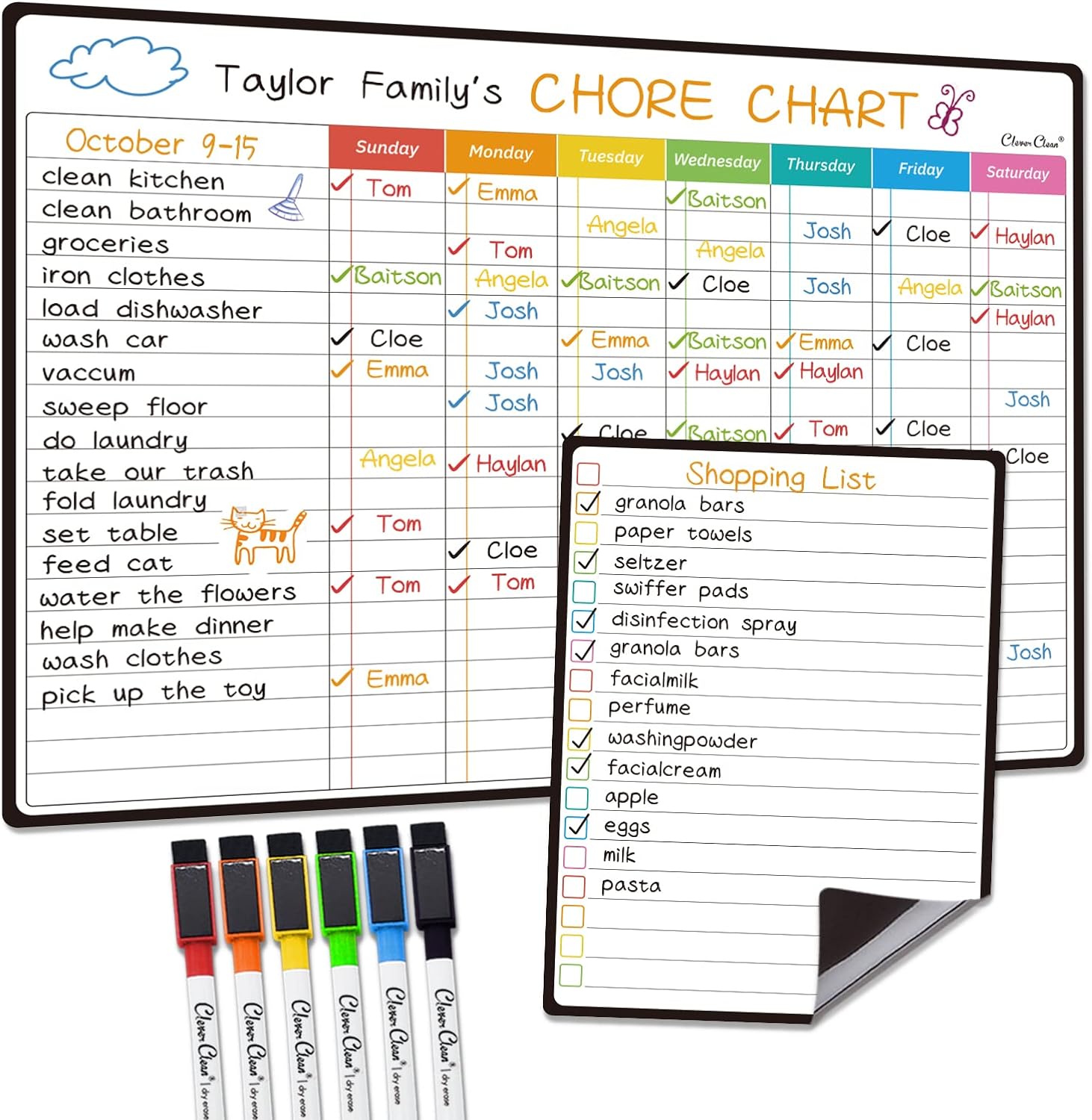Magnetic Dry Erase Chore Chart – 14.5″x11″ Chore Chart for Kids, Teens and Adults – 6.5″x8.5″ List Board for Fridge – 6 Extra Fine Point Markers Included – Shipped Flat