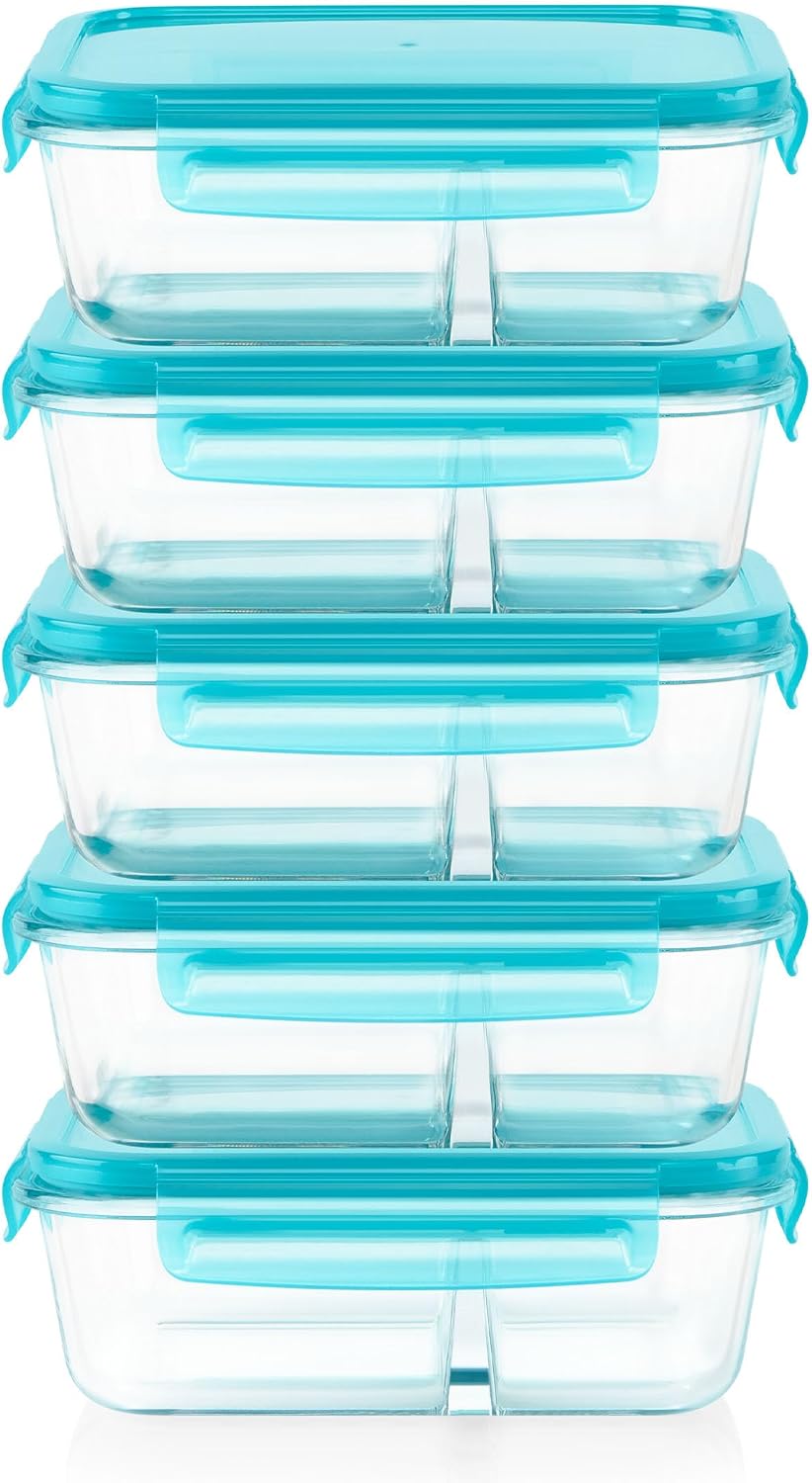 Pyrex Glass Meal Box (5-Pack, 4 Cup) Divided Compartments, Locking Lids | For meal prepping and portioning, BPA-Free, microwave & dishwasher safe