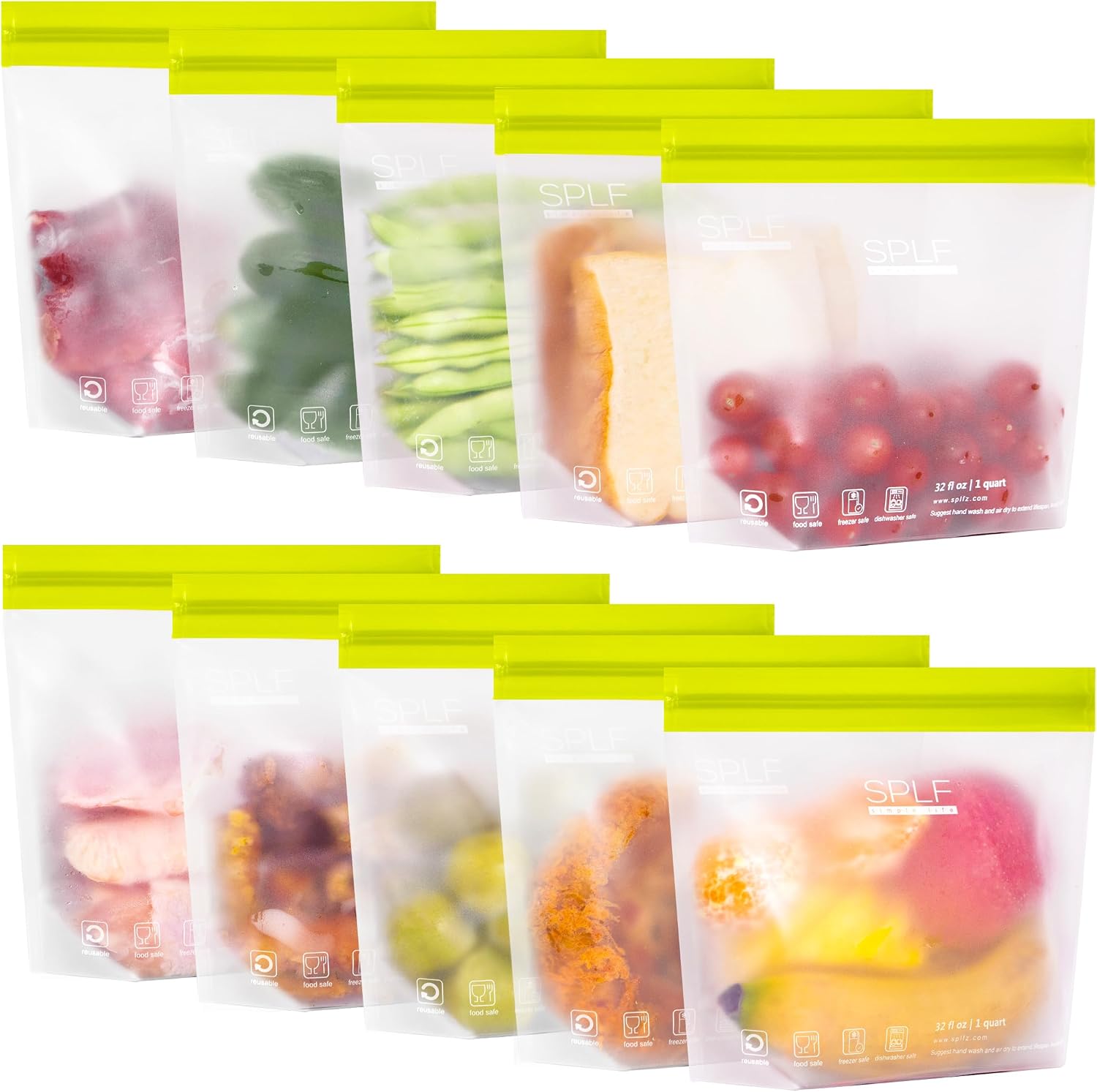 SPLF 10 Pack Stand-Up Reusable Quart Freezer Bags Dishwasher Safe | Extra Thick Leakproof 1 Quart Food Storage Bags, BPA Free Bags for Meal Prep, Sandwich, Snack, Travel Fridge Organization