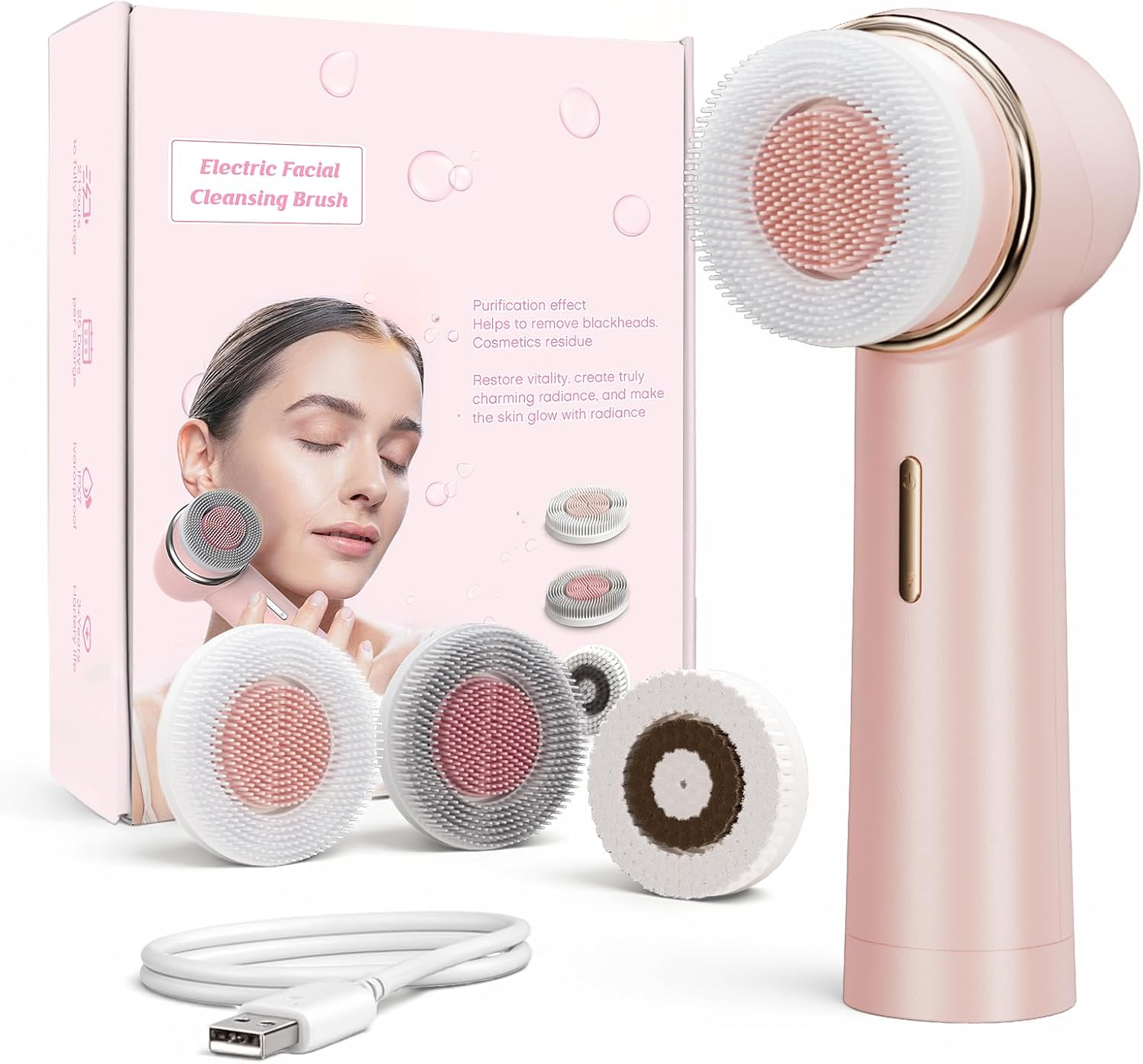 Electric Facial Cleansing Brush for Teen Girls, Rechargeable Waterproof Dual Rotating Face Scrubber with 3 Interchangeable Heads, Soft Silicone Face Brush, Pink