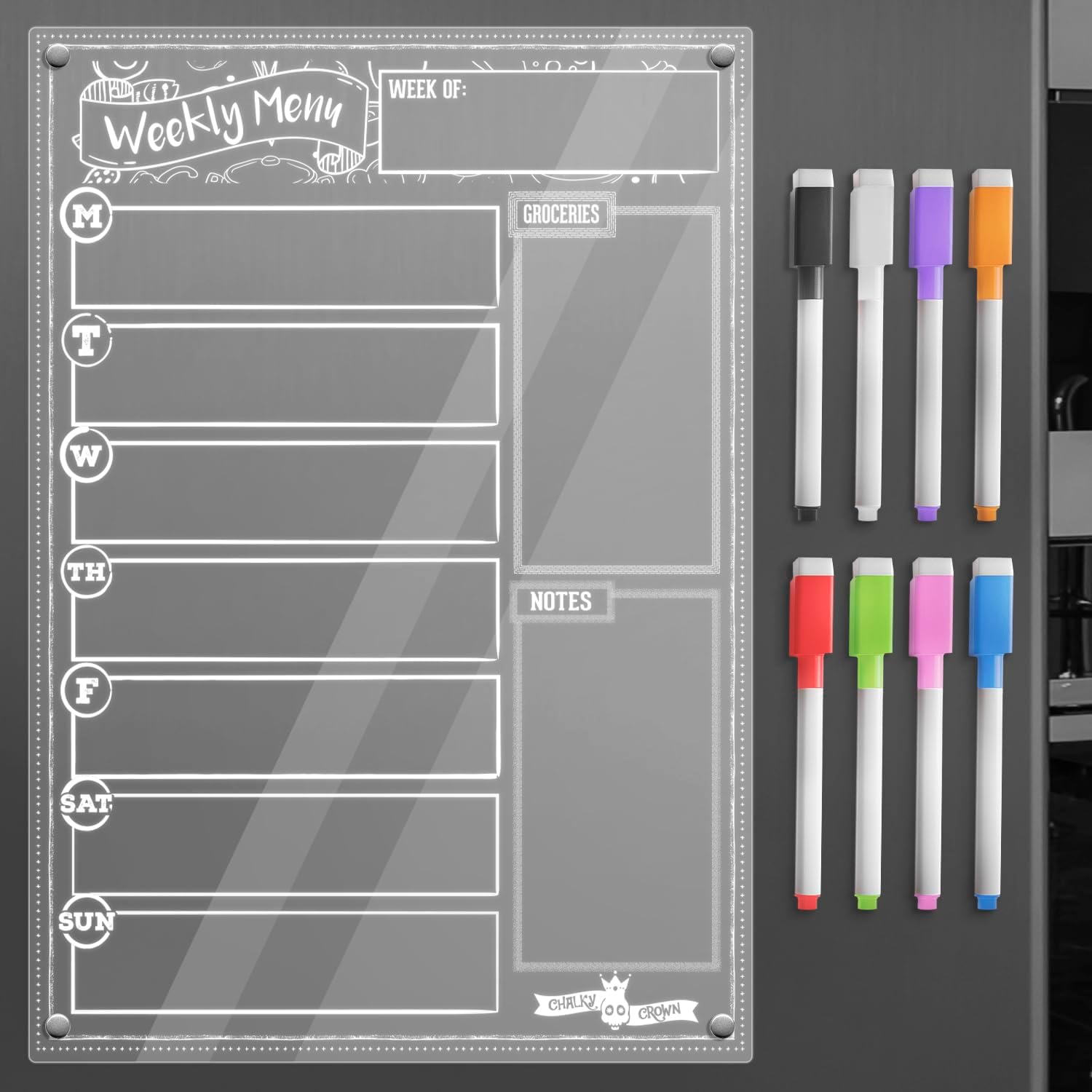 CHALKY CROWN Acrylic Magnetic Weekly Planner – Clear – 14.5″ x 10.2″