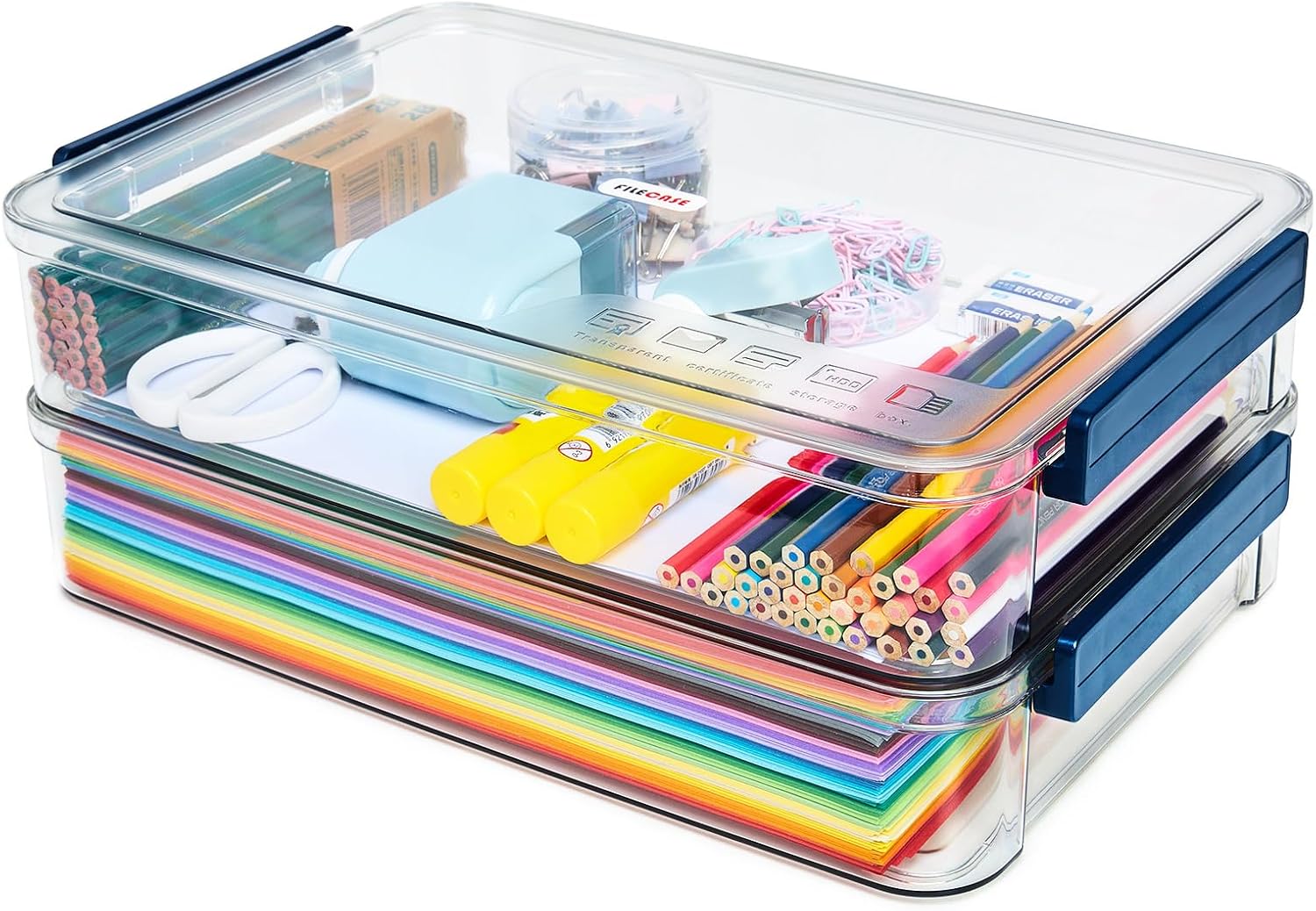 CATOOMUU 2-Pack 9×13 Clear Plastic Project Case Stackable Storage Box | 5.5Qt container with snap-tight latch, organizer for A4 files, photos, documents, scrapbooking, craft and art supplies