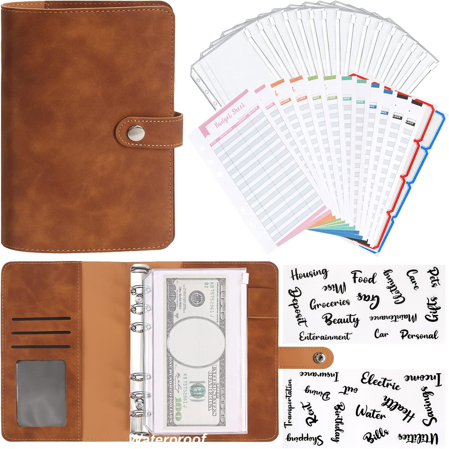 A6 Budget Binder, Soft PU Leather Notebook Binder Planner Cover with 16 Pockets Cash Envelopes, 12 Expense Sheets, 4 Shts Letter Sticker Labels for Bill (Brown), ZS23-25
