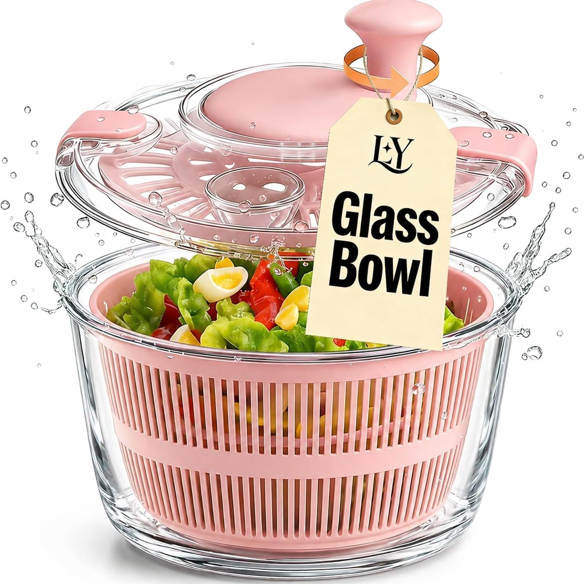 Large 5.2 Qt Glass Salad Spinner, Pink | Microwave- and Dishwasher-Safe Glass Bowl, Transparent Lid, Crank Handle, Quick-Spin Salad Cleaner for Lettuce, Herbs & Fruit