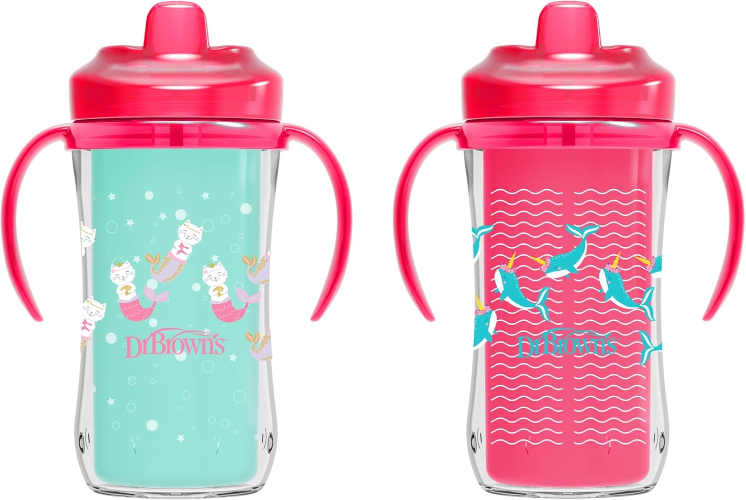 Dr. Brown’s Milestones Insulated Hard Spout Sippy, Spill Proof Cup with Handles for Toddlers, 2-Pack, Pink, 10 oz/300 mL, BPA Free, 12m+