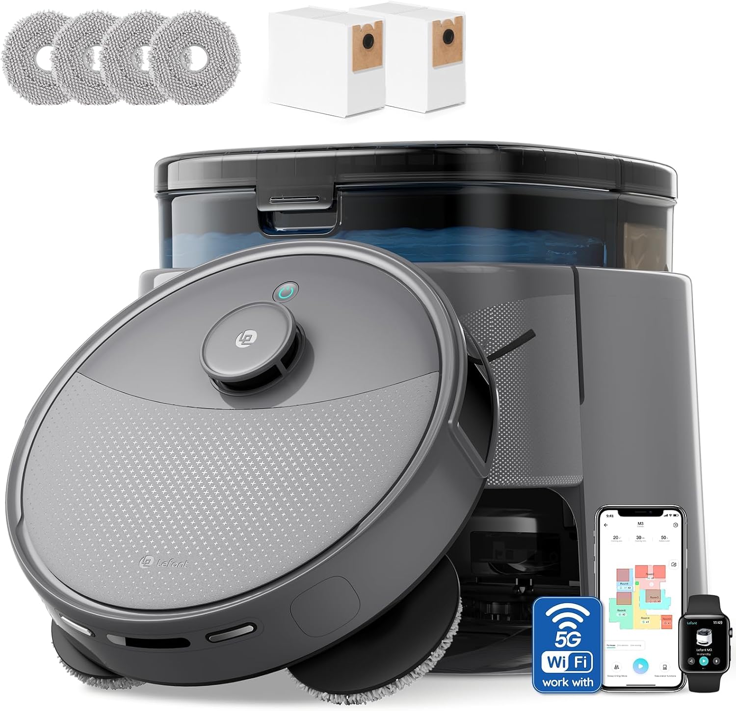 Lefant Robot Vacuum and Mop, 20000Pa Suction,Multifunctional Dock with Hot Water Self-Cleaning&Drying, Obstacle Avoidance,90-Day Self-Emptying, 5G WiFi Alexa/APP/iWatch Control,M3 MAX