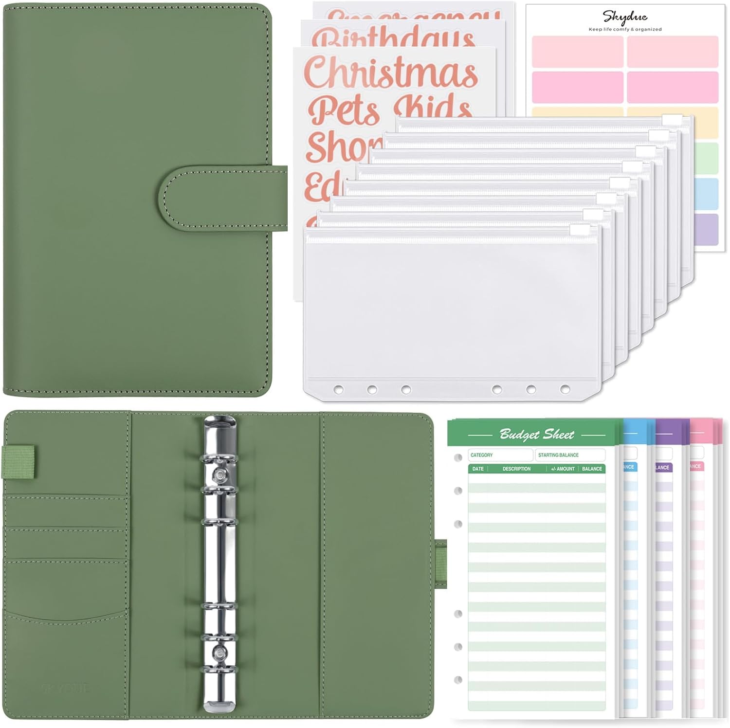 SKYDUE Budget Binder with 8pcs Zipper Envelopes,Money Organizer for Cash with 12pcs Expense Sheets & 24 Rose Gold Sticky Labels