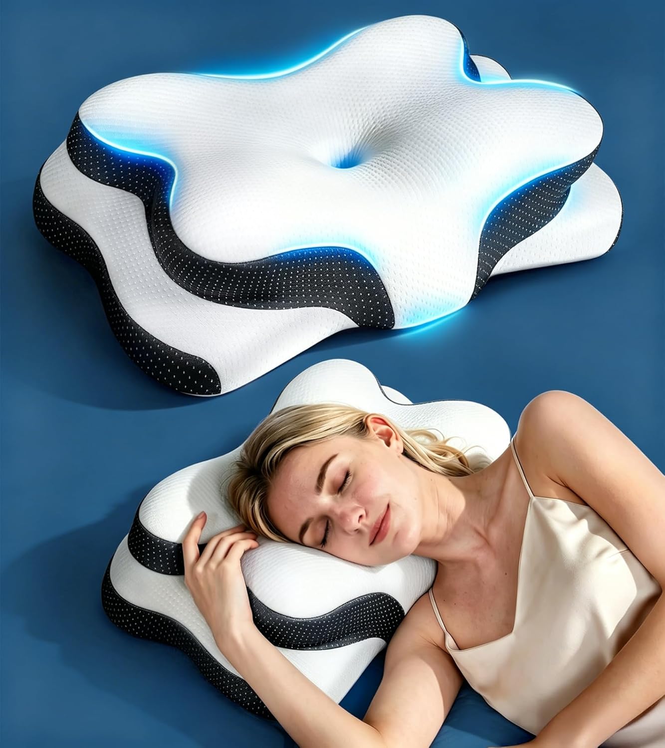 Zoned Contour Cervical Neck Pillow for Deeper Pain Relief Sleep, Q-max 3X Cooling Pillow with Non-Temperature Affected Memory Foam, Ergonomic Support Pillows for Back Stomach Side Sleeper