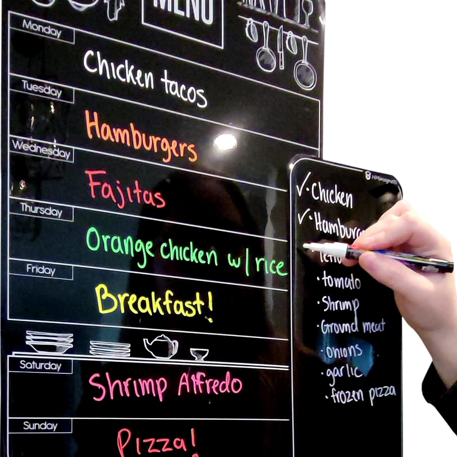 Cute 10″x16″ Magnetic Dry-Erase Weekly Menu Blackboard for Kitchen Fridge (with 8 Bright Chalk Markers) & Free Bonus – Grocery/to-Do Lists Board – Daily Dinner Meal Planner Set for Home