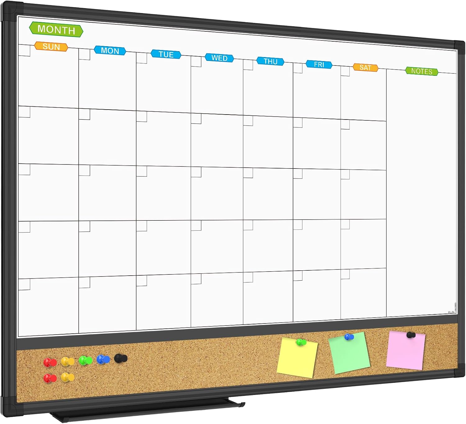 Magnetic Dry Erase Calendar Whiteboard, 24″ x 18″ Monthly Board | White Board Cork Board Combo, Black Aluminum Frame Wall Mounted Board for Office Home and School with 10 Push Pins