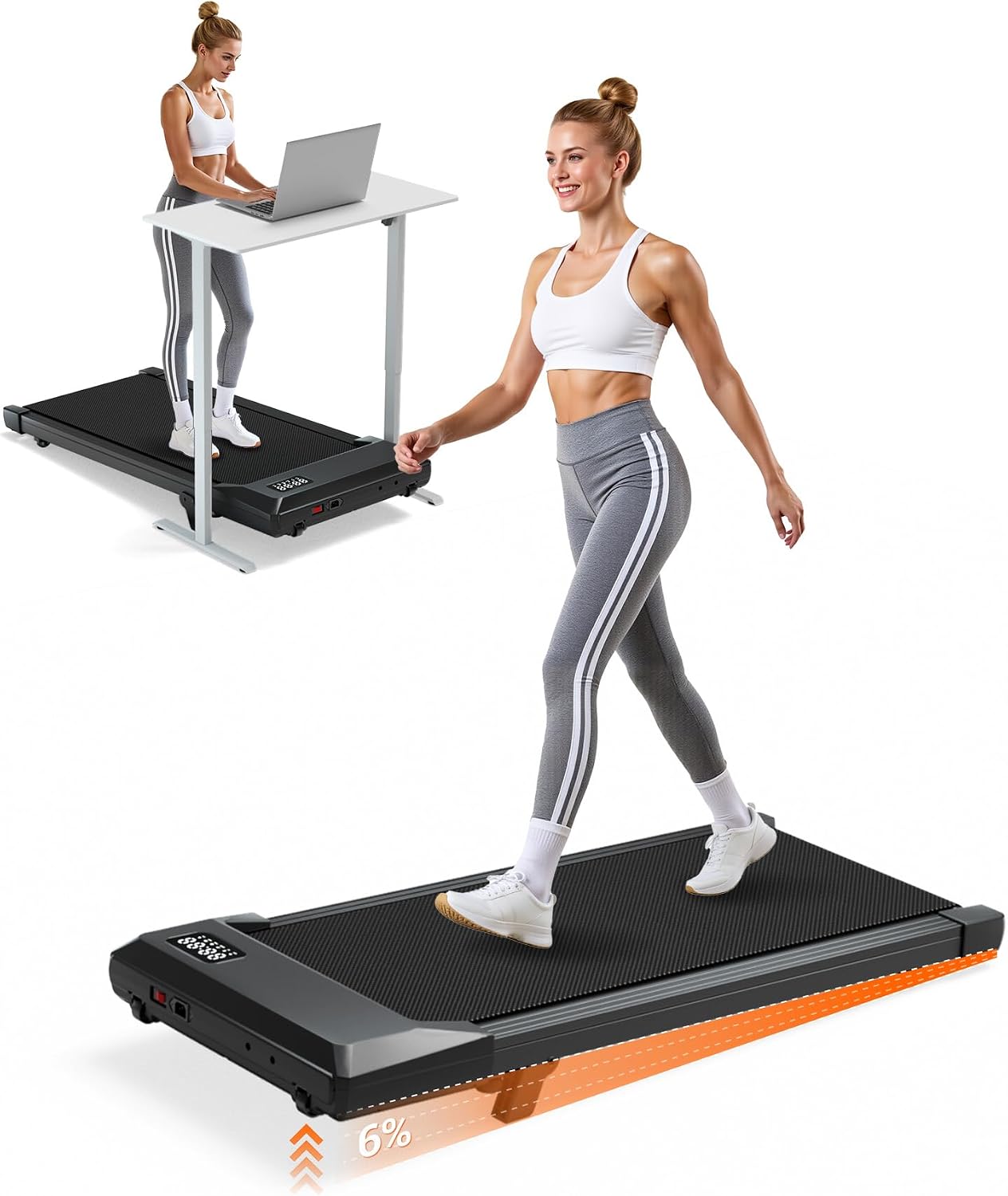 6% Incline 300 lbs Walking Pad Under Desk Treadmill | Quiet portable mini treadmill for home office with app & remote control. 100% pre-assembled and slim space-saving design.