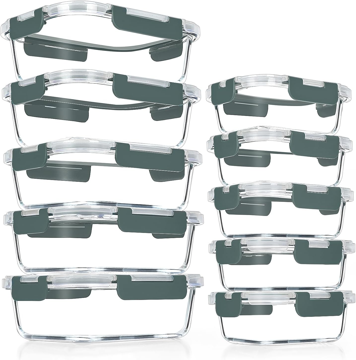 VERONES 10 PACK Glass Meal Prep Containers Set with Lids, Grey | Airtight & Stackable Glass Food Storage Containers Set with Lids, for Microwave, Oven, Freezer & Dishwasher Friendly