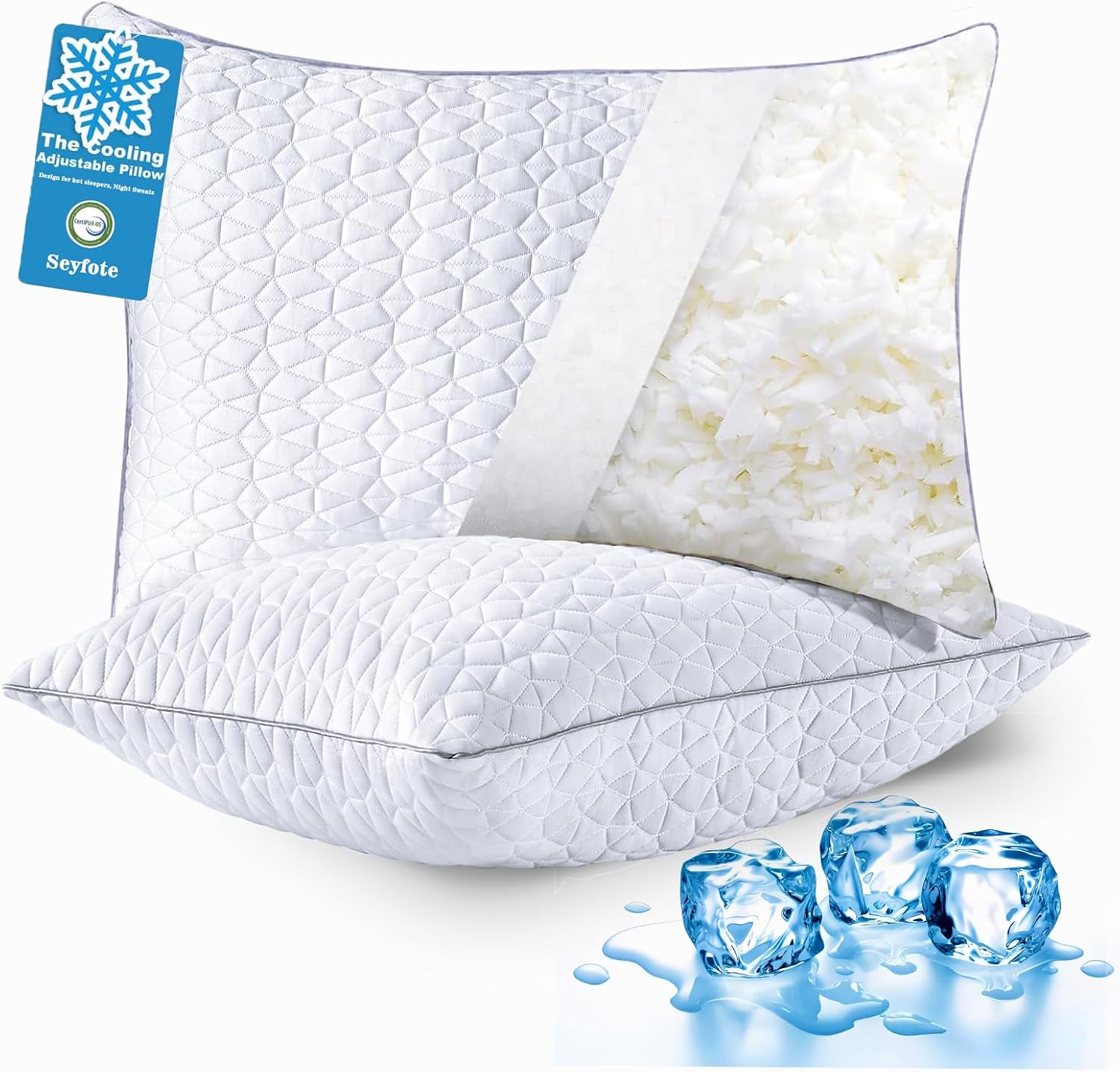 Cooling Shredded Memory Foam Pillows Queen Size Set of 2, 20″ x 30″, White | Adjustable Firm, Supportive, Neck pain relief, Removable Washable Cover, Cool Bed Pillows for Hot Side Back Stomach Sleepers