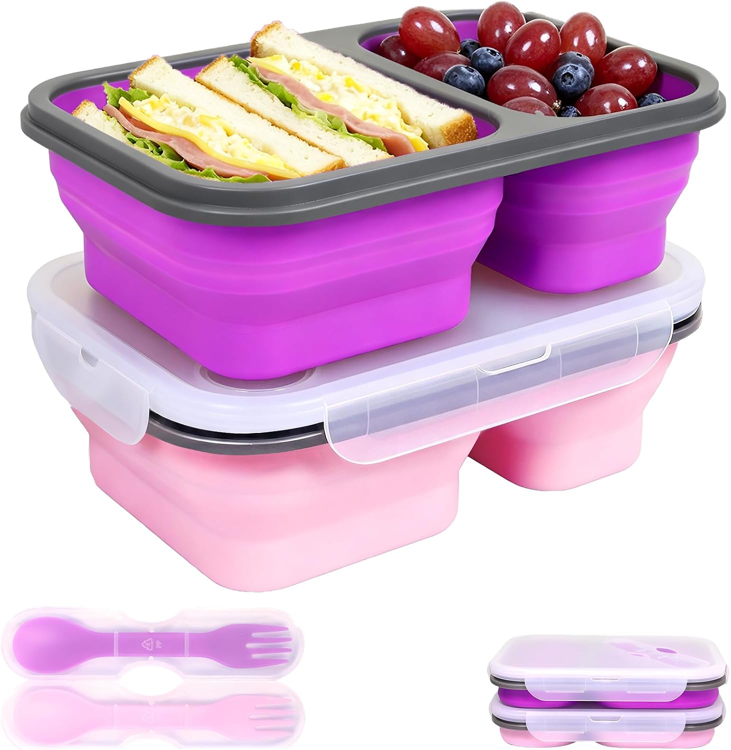 2 Pack Collapsible Silicone Lunch Box Set, 2 Compartments Bento Boxes with Lids, Food Storage Containers for Meal Prep, Office, Travel, Camping, BPA Free