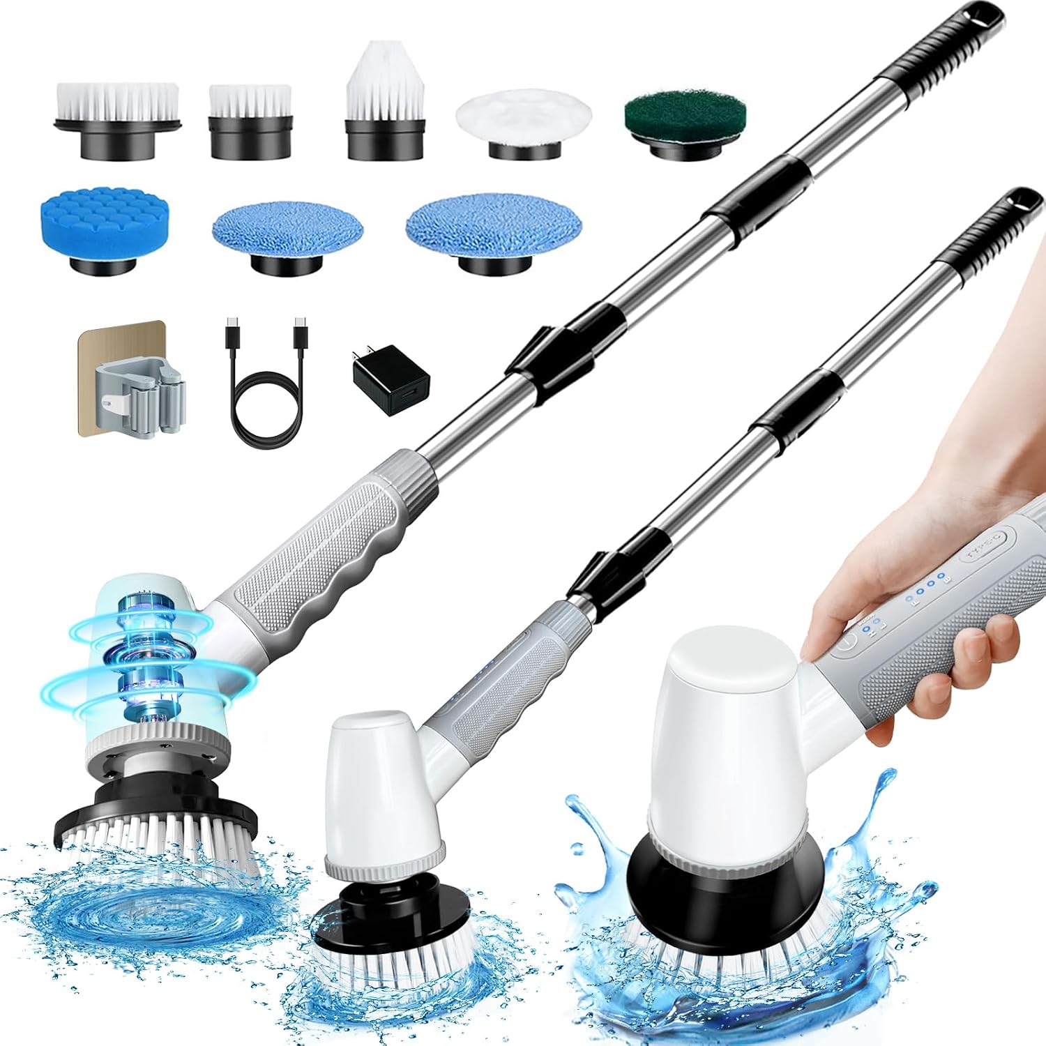 Electric Spin Scrubber Bathroom Scrubber – Cordless Shower Scrubber with Adjustable Handle, 2 Speeds, Bathroom Scrubber with 8 Replaceable Brush Heads, Power Scrubber for Bathroom Bathtub Cleaning