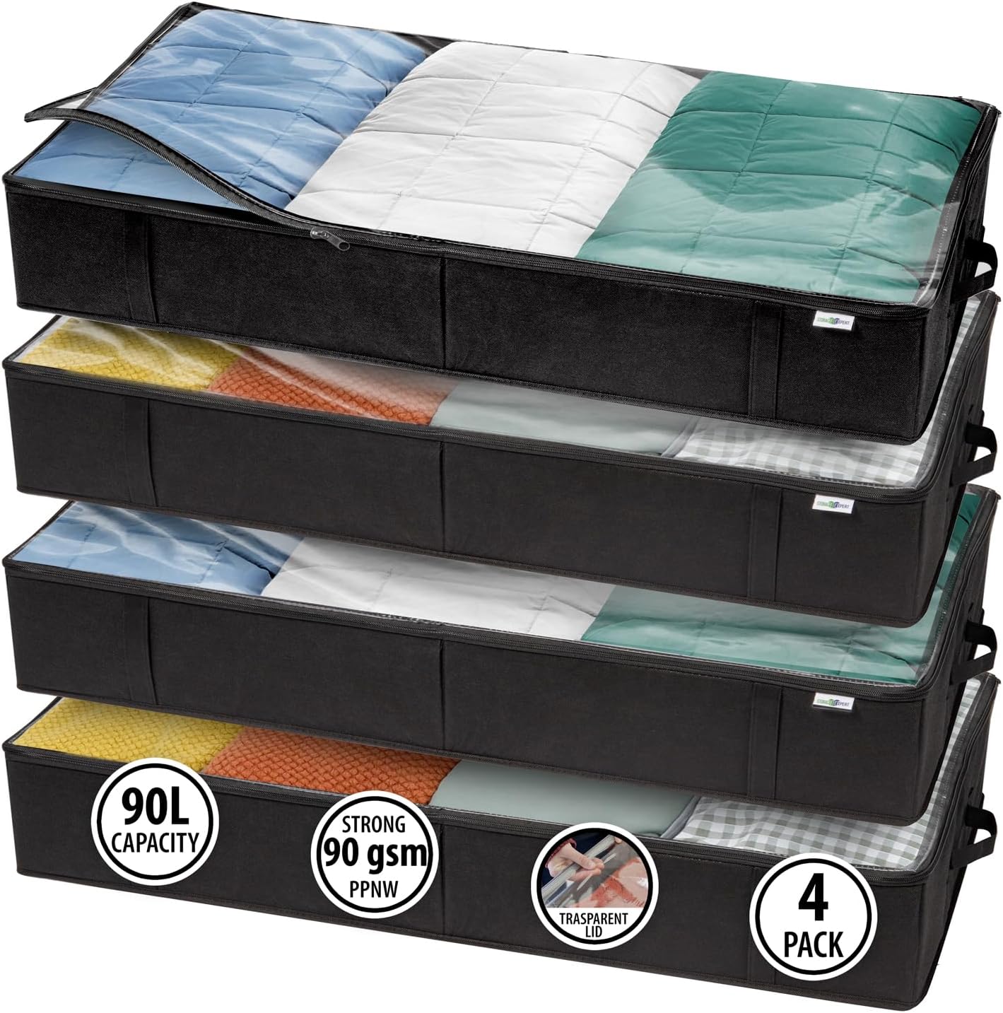 StorageExpert Under Bed Storage Containers, Closet Organizer, Black, 4 Pack | Under Bed Storage, Foldable Fabric, Large Capacity, Dustproof, Clothes Storage, Blanket Storage, Toy Organizer, Space Saving