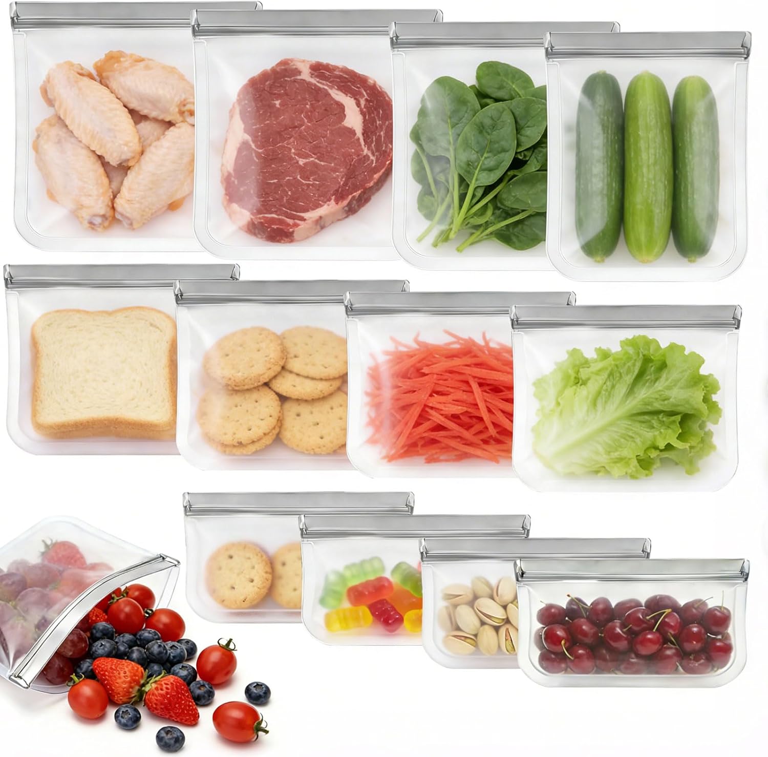 12 Pack Silicone Bags for Food Storage,Reusable Silicone Food Storage Bags,Freezer & Dishwasher Safe,Silicone Gallon Freezer Bags,Leakproof-4 Gallon 4 Snack 4 Sandwich Bags,Grey