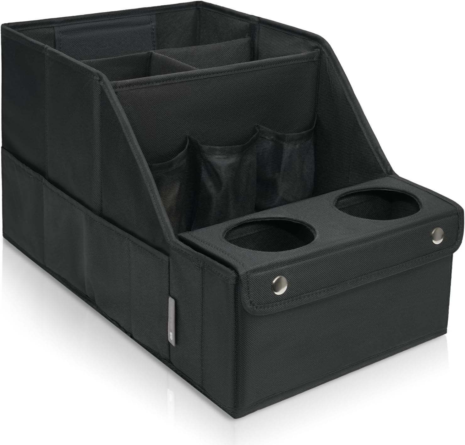 Car Backseat Organizer with 11 Compartments & 2 Cup Holders, Black | Made from durable Oxford fabric with a waterproof surface, anti-slip buckles, and a foldable design for easy storage.