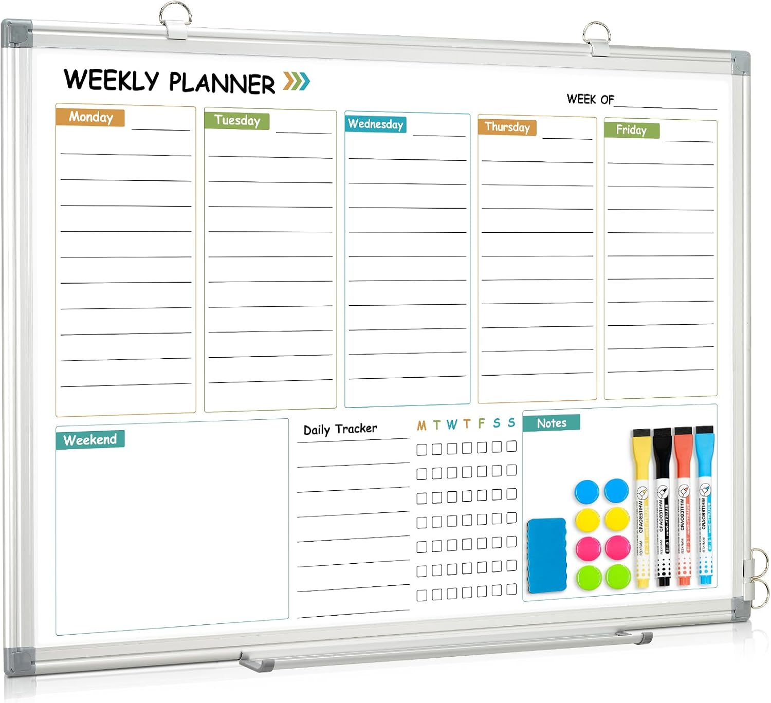 Weekly Dry Erase Calendar Whiteboard for Wall, 24″ x 18″ Planner | Double-Sided Magnetic, Aluminum Frame, Hang Wall Mount, Week Planning White Board with To Do List, Notes, Daily Tracker