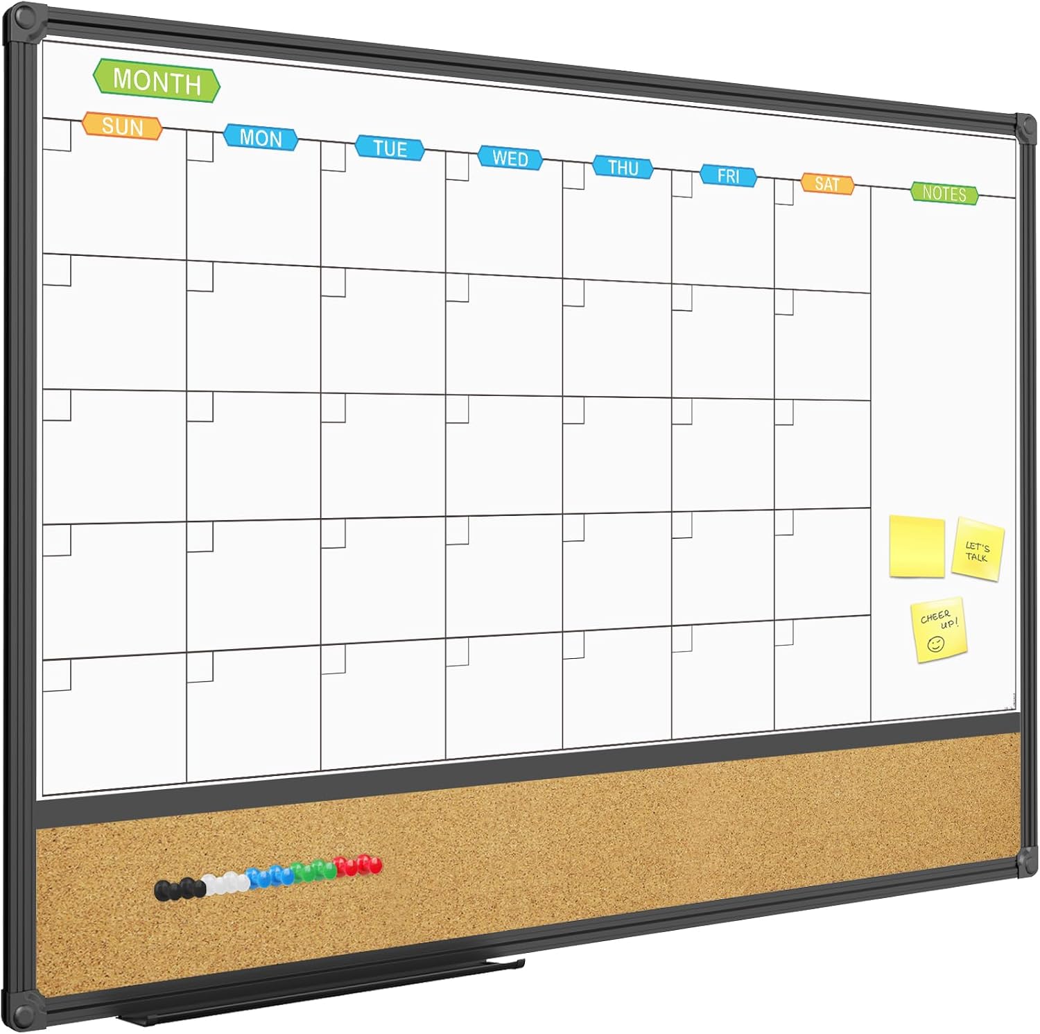 Magnetic Calendar Whiteboard & Bulletin Corkboard Combination, Combo Board 36 x 24 Inch, Black Aluminum Frame Wall Mounted Board for Office Home and School with 10 Push Pins