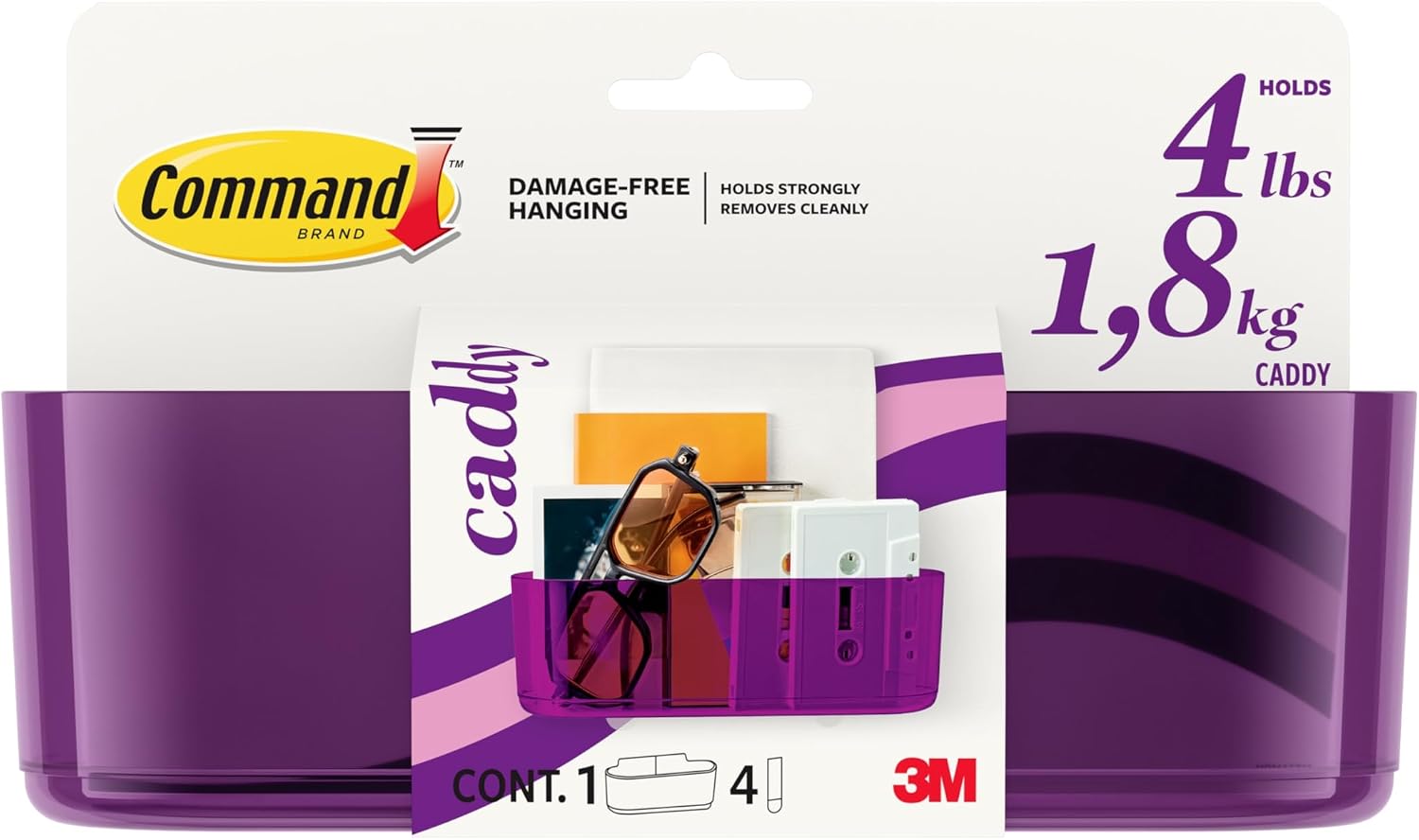 Command Clear Caddy, Candied Plum, 1 caddy, 4 strips | Clear Caddy With Adhesive Strips, Organizer For Damage Free Sytorage And Flexible Placement