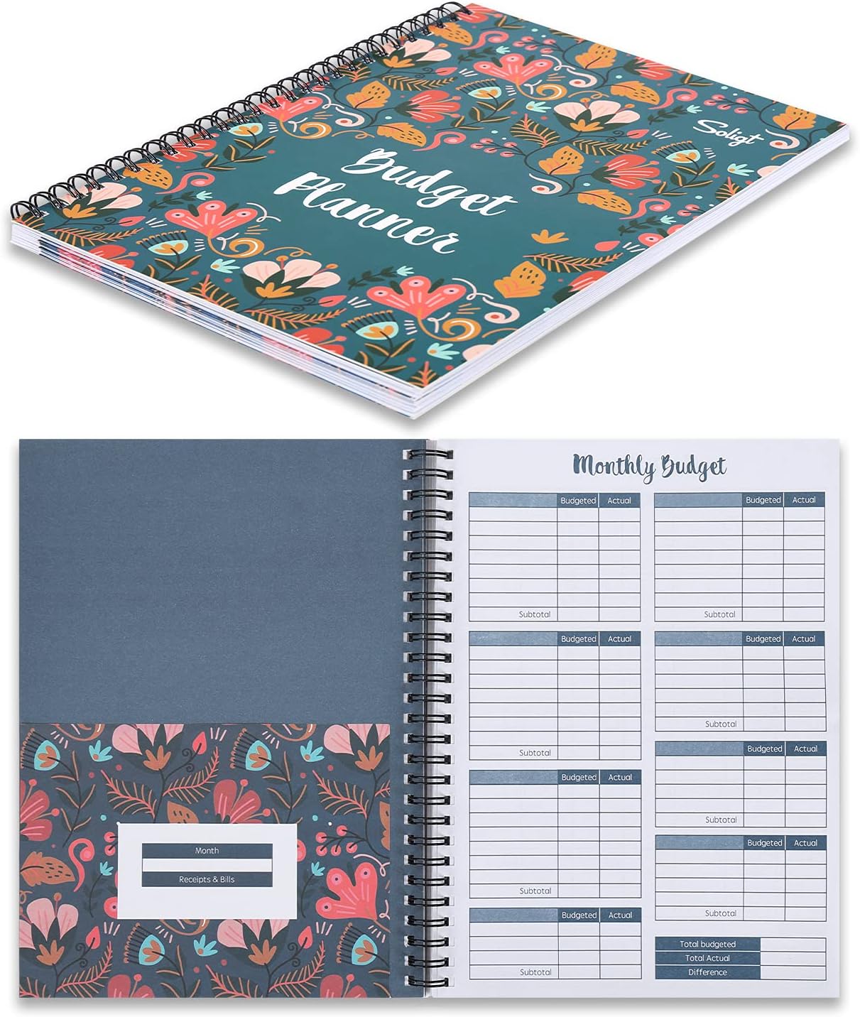 SOLIGT Budget Planner Monthly Bill Organizer Book (Undated) with 12 Pockets | Budget Book for Income, Debt, Expense, Saving and Bill Tracker,1-Year Spiral Financial Money Notebook, Month Tabs Included