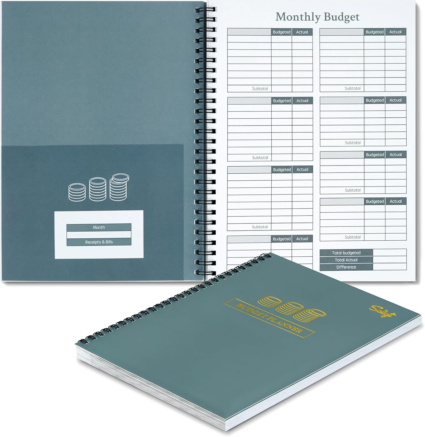 SOLIGT Monthly Budget Planner Book With 12 Bill Pockets, Dark Green | Income, Expenses, Savings, Debt And Bills Tracker With 1-Year Spiral Undated Financial Money Organizer, Month Tabs Included