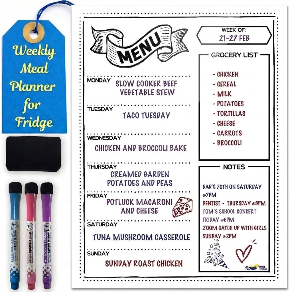 White Magnetic Dry Erase Weekly Menu Board for the Fridge | Weekly meal and dinner planner, 7-day grid, grocery and to-do lists, 12×16 inches, fits standard fridge, 3 markers, eraser