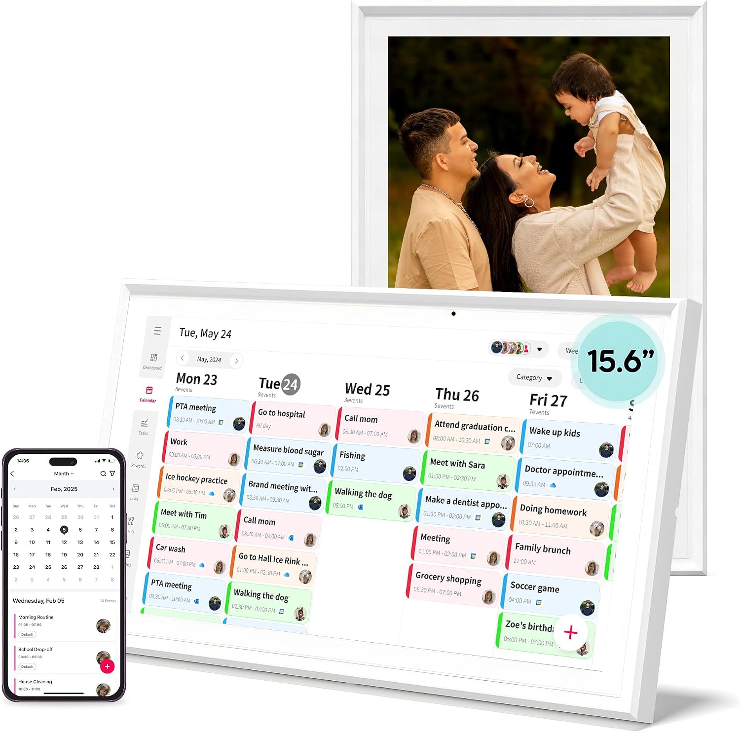 15.6″ Smart Digital Calendar, No Subscription WiFi Touch 1080P Wall Planner | Cross-platform WiFi sync with iCloud, Google & Outlook, FHD touch wall family organizer for shared schedules & chore tracking