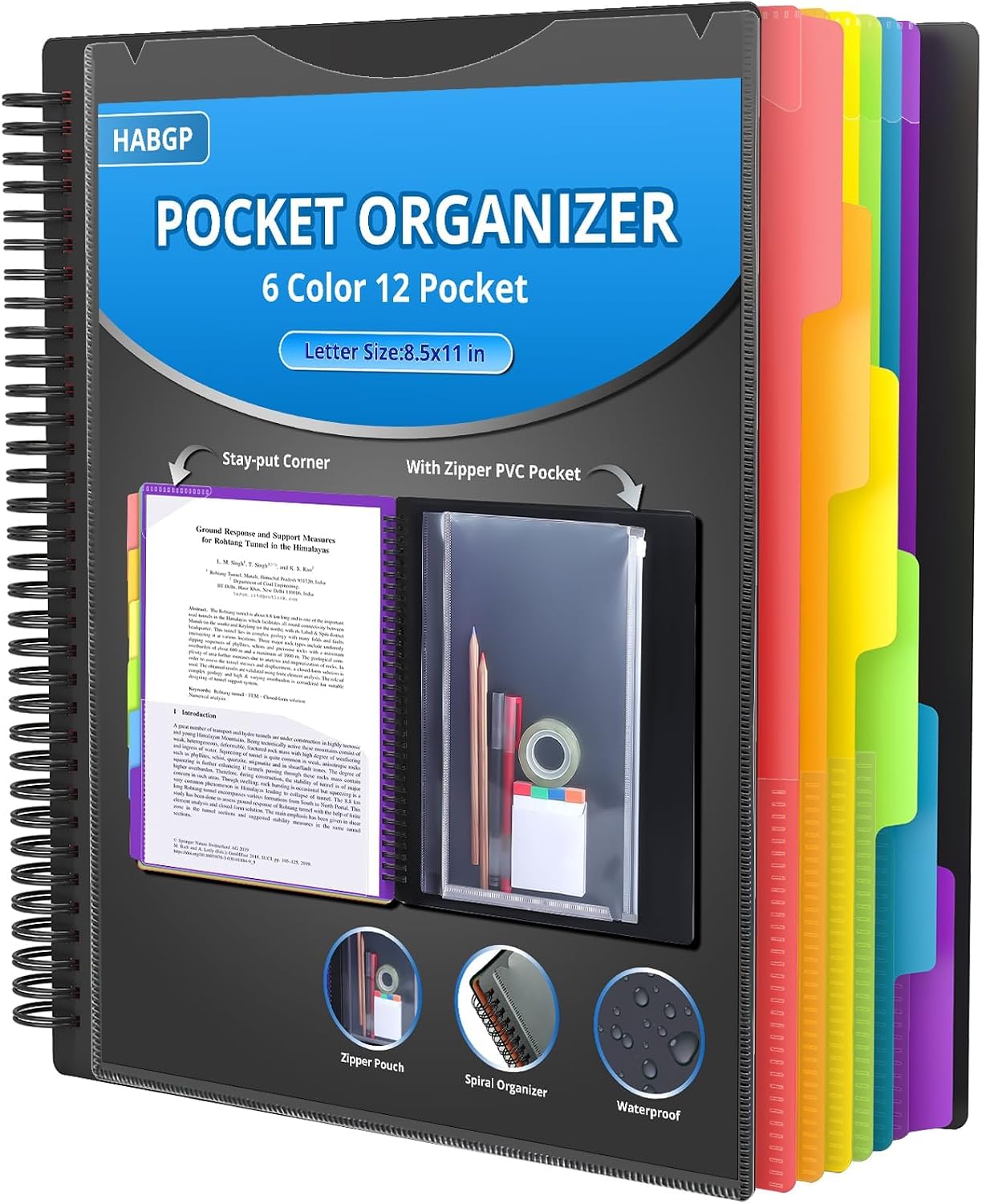 12 Pocket Plastic folders with Pockets, 6 Colors Multi Pocket with Dividers | Folder Binder with Dividers, office Organizer Folder, Letter Size, School Supplies