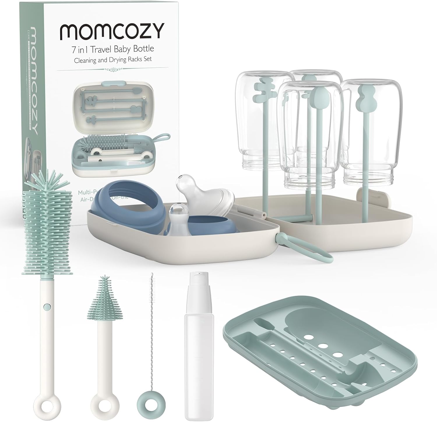 Momcozy 7-in-1 Baby Bottle Brush Set with Drying Rack, Green | Silicone Nipple Straw Brushes, Soap Dispenser Storage Box, Foldable Drain Rack, Portable Bag, BPA-Free, Home & Travel
