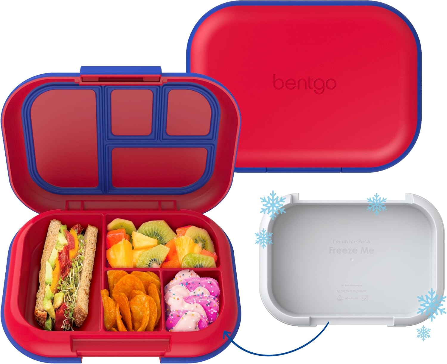 Bentgo Chill Kids 4-Compartment Bento Box Leakproof Lunch Box | Built-In Ice Pack, 3.3 Cup Capacity, BPA-Free, Microwave & Dishwasher Safe Tray, Ideal for Ages 3–7 (Red/Royal)