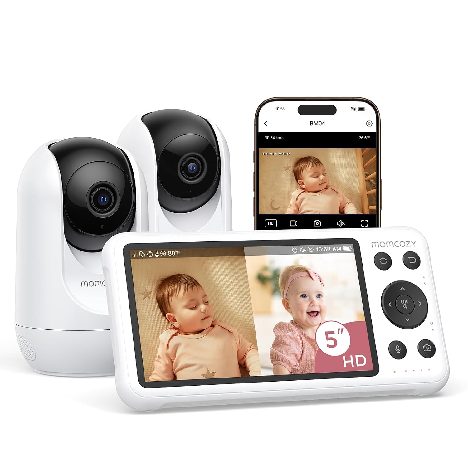 Momcozy BM04 Smart WiFi Baby Monitor with 2 Cameras, 5″ 1080P Split Screen | Baby Monitor with Camera and Audio, Motion Detection, Electric Fence, Clear Night Vision, 2-Way Audio, 5000mAh Battery, BM04
