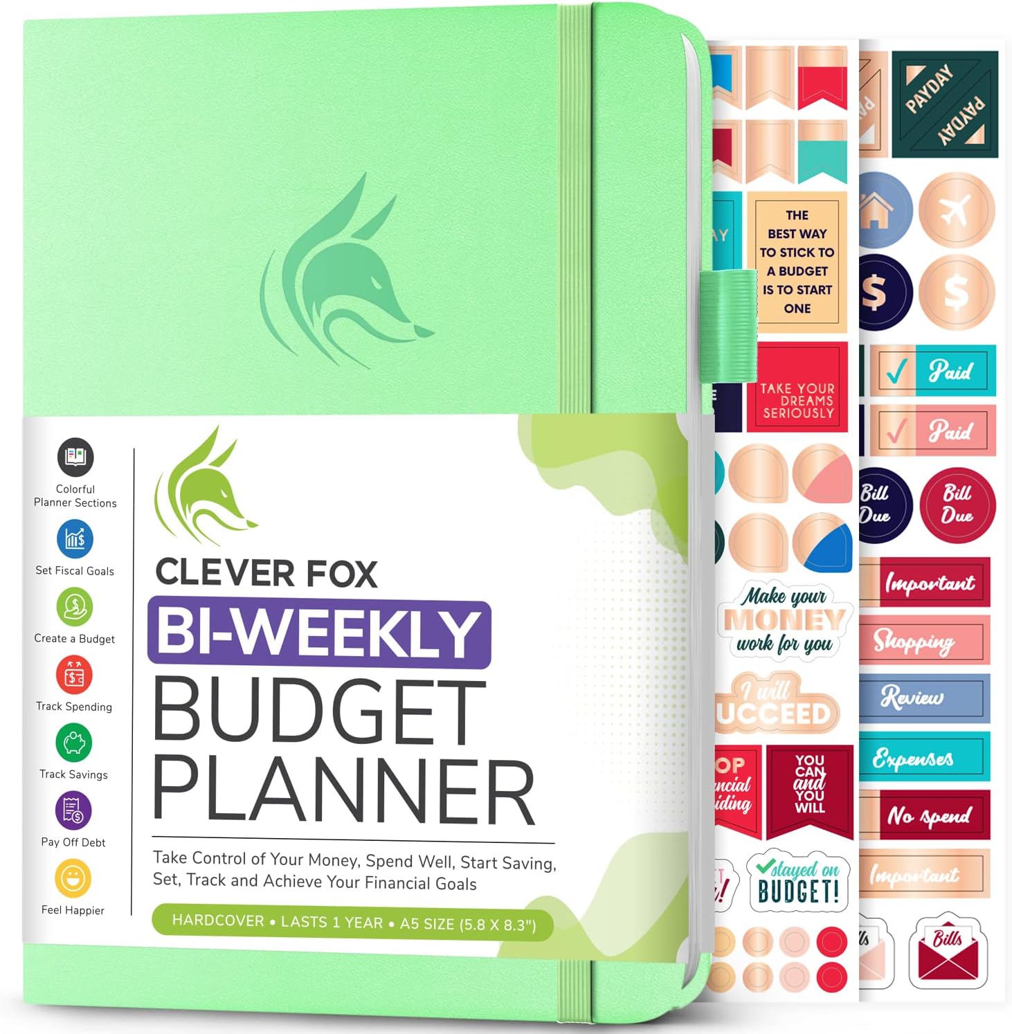 Clever Fox Biweekly Budget Planner, Financial Book Organizer Mint Green | 5.8”x8.3” Undated paycheck & bill tracker, Easy budgeting & finance workbook for beginners & family, Monthly calendars