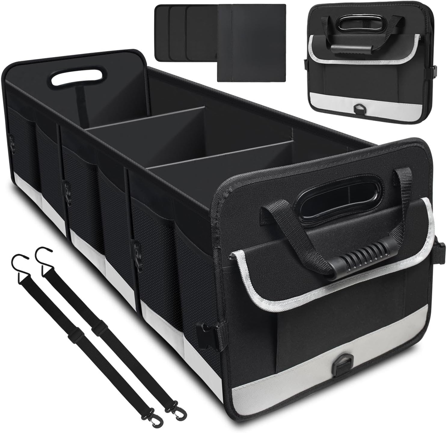 AOPHY Trunk Organizer – 95L Extra Large Capacity SUV Cargo Storage, Collapsible Waterproof Design with Non-Slip Bottom & Retractable Straps, Car Organizers for SUV, Truck, Sedan | 3 Compartments, Heavy Duty Cargo Storage, Collapsible Car organization with Straps, Waterproof and Sturdy, Car Accessories