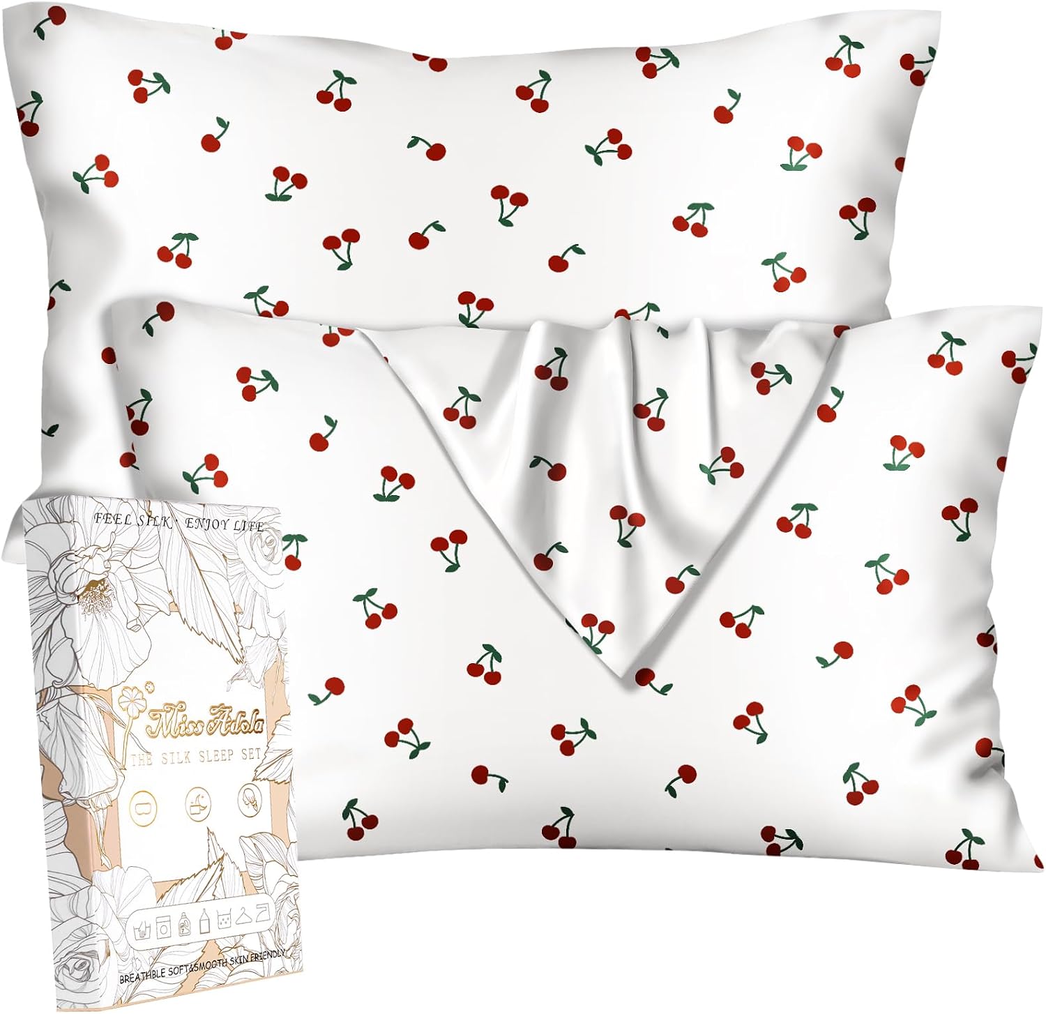 Silk Pillowcase 2 Pack – Pillow Cases 20″ x 26″ Standard Size Set of 2 for Hair and Skin Smooth Soft Breathable with Hidden Zipper Cute Cooling Pillow Covers for Sleeping, Cherry