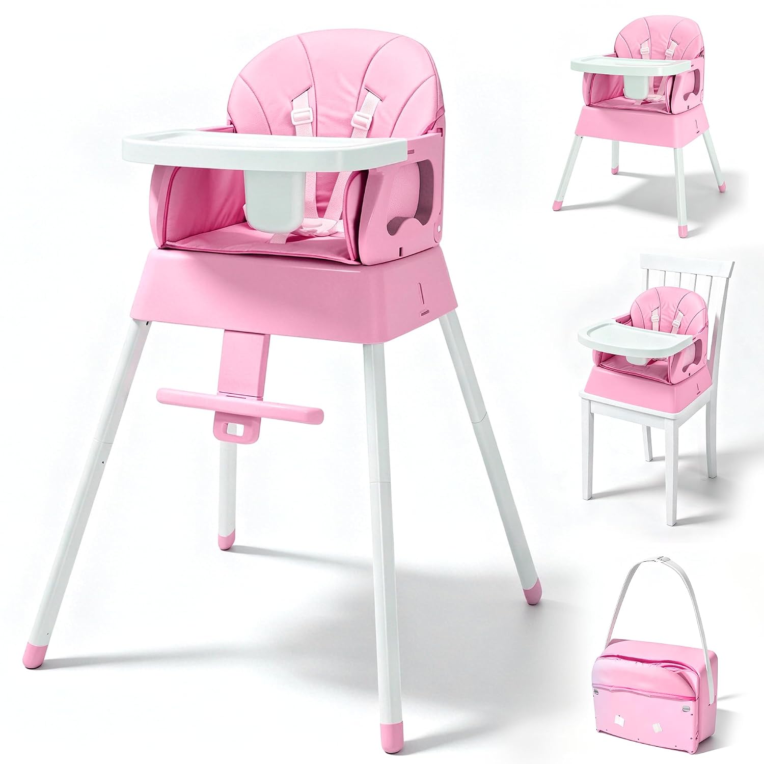 5 in 1 Foldable Baby High Chair,Convertible Highchair for Babies and Toddlers-Portable Infant Booster Seat,Foldable Dining Chair,Toddler High Chair with 5-Point Harness,Removable Tray (Pink)