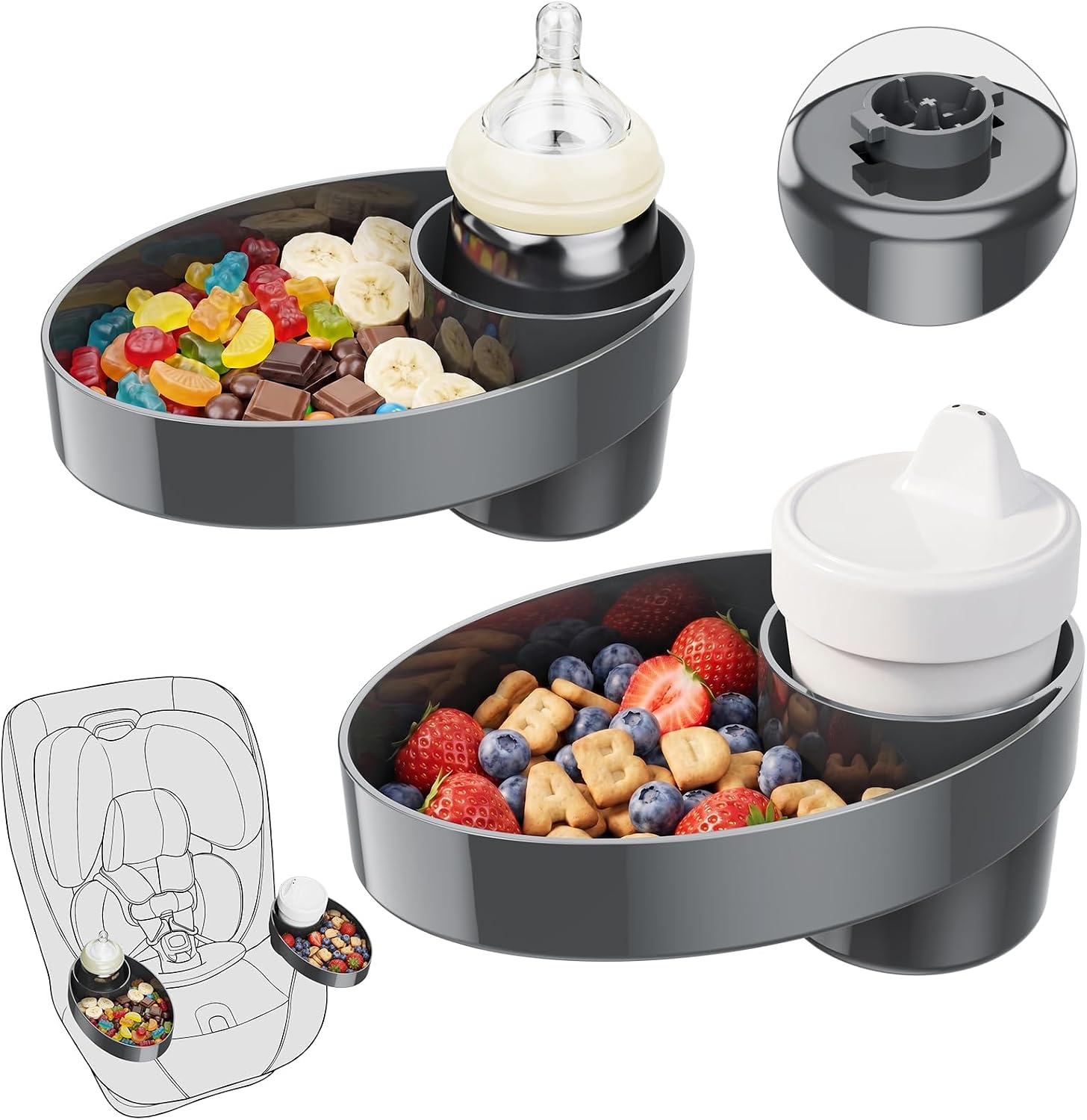 Car Seat Snack Tray and Cup Holder for C6577/C6474, 1-Pack, Dark Gray | Fits Safety 1st EverFit and Grow and Go, Maxi-Cosi Pria and Cosco, twist-lock base, larger cup holder for kids travel