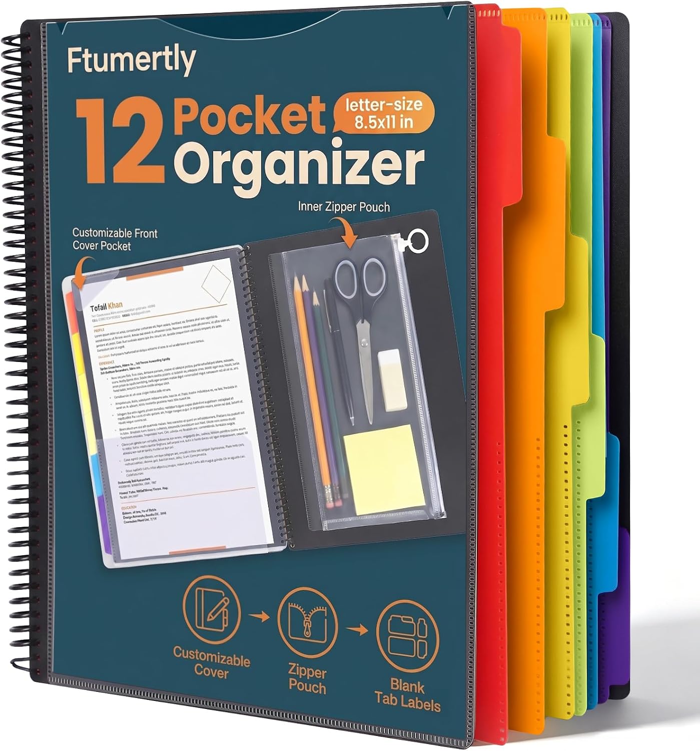 12 Pocket Project Organizer Folder, Multi Pocket Spiral Folder | Letter Size Spiral Folder with 6 Color Dividers, Zipper Pouch, Label Stickers, Water-Resistant Multi Pocket Folder for Office