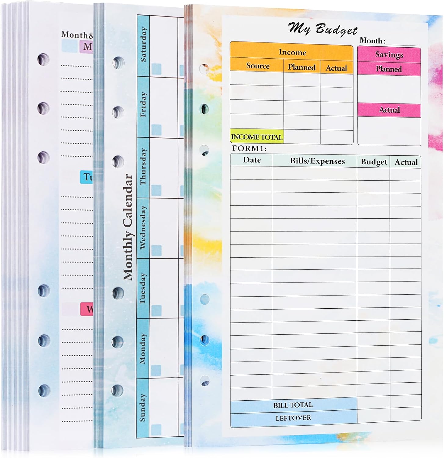 3 Pack A5 Planner Refill 82 Sheet Colored Monthly Weekly Planner Refill Paper 6 Hole Budget Sheets Expense Tracker Inserts for A5 Binder Cover Bill Saving Organizer, Colorful