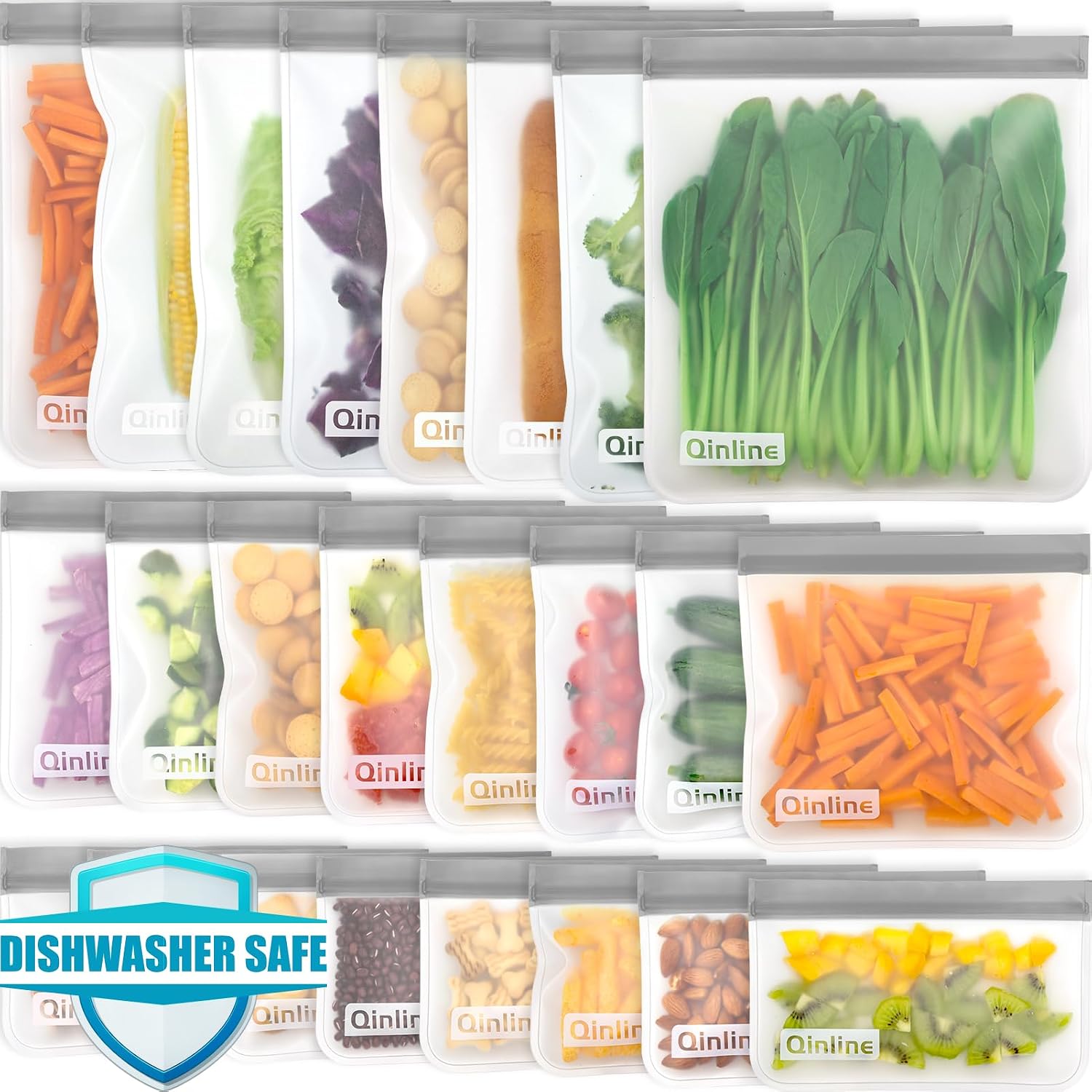 Qinline Reusable Food Storage Bags – 24 Pack Freezer Bag, Reusable Bags, Extra Thick Leakproof Lunch Bag