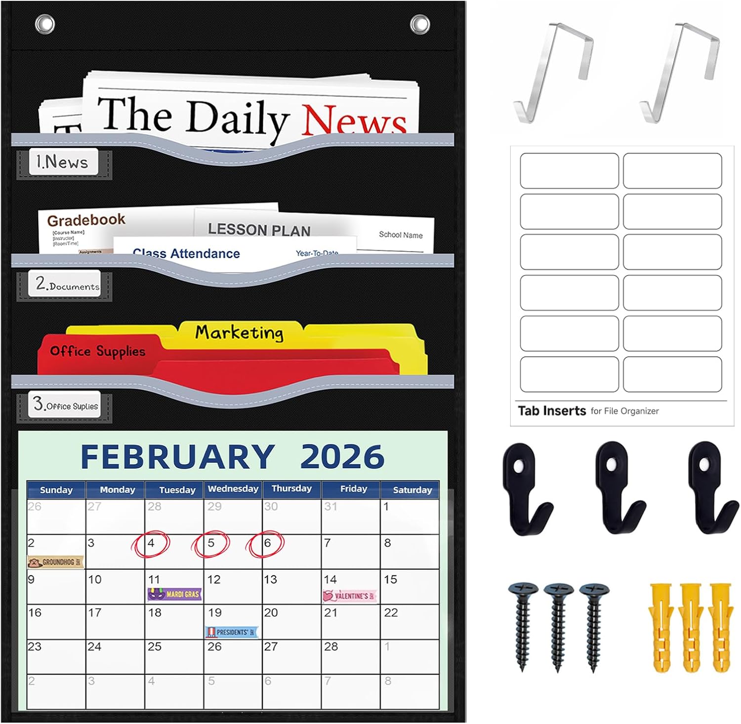 4 Pockets Hanging Wall File Organizer 15″ Extra Wide Pocket Chart for Classroom, Office, Home, Mail Organizer Wall Mounted with 1 Writable Clear Pocket, 5 Wall/ Door Hooks & 12 Labels (Black)